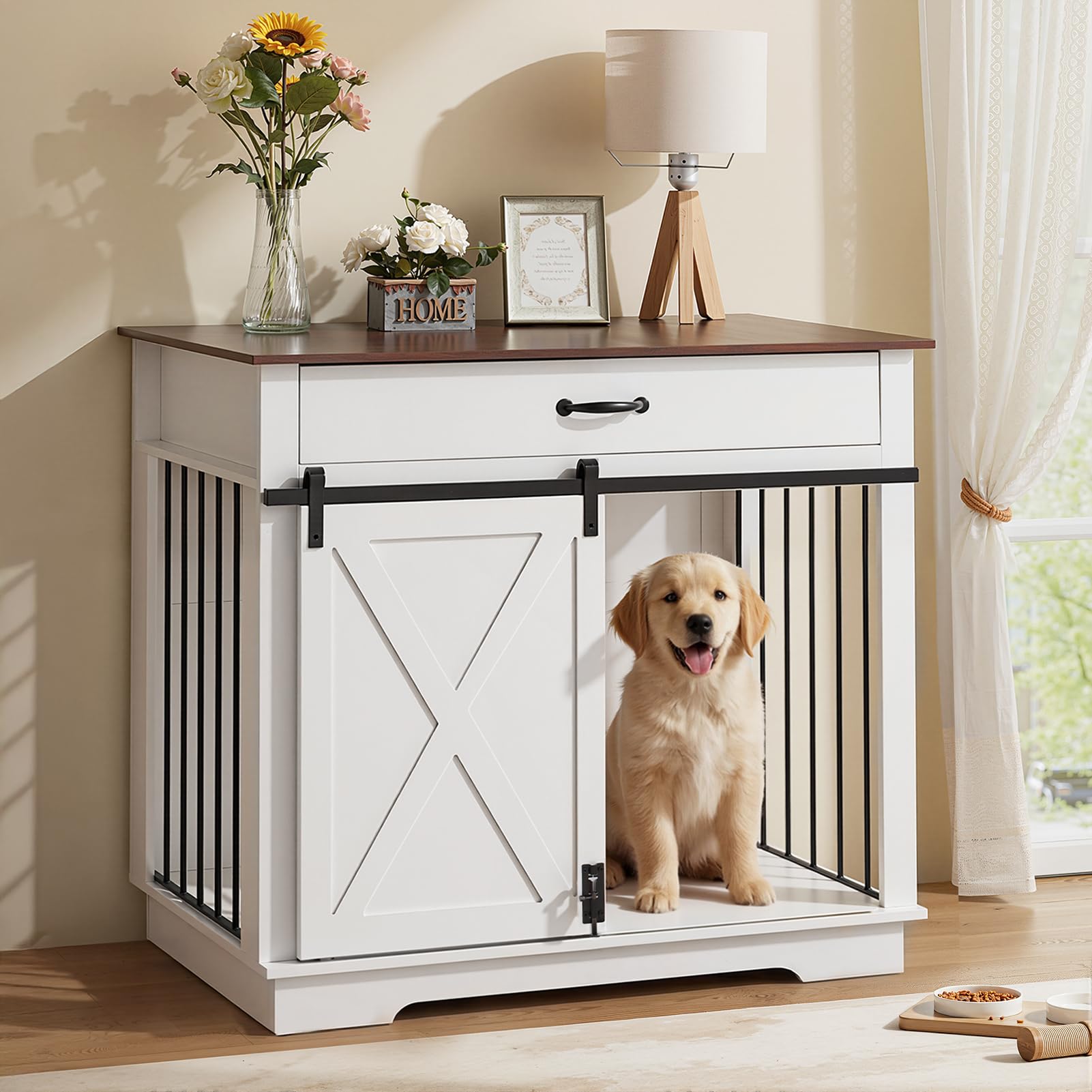 The Fellie Dog Crate Furniture, Wooden Pet Kennel with Barn Door, Indoor Dog Crate with Drawer, End Side Table Animal Crates for Small/Medium Dogs, Wood Dogs Cage With Sliding Door, 96x59x87cm，White