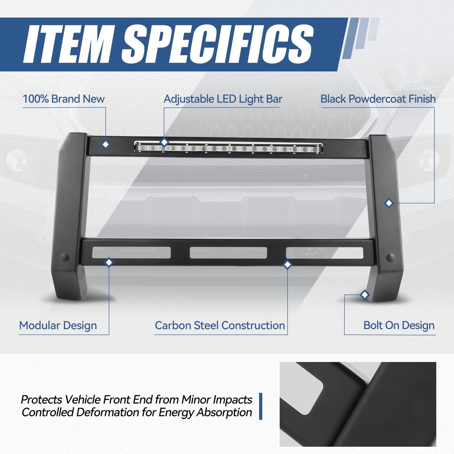 Auto Dynasty - Front Bumper Modular Bull Bar Brush Grille Guard with LED Light Bar and License Plate Mounting Bracket Compatible with Silverado Sierra 1500 2019-2024, Carbon Steel, Textured Black