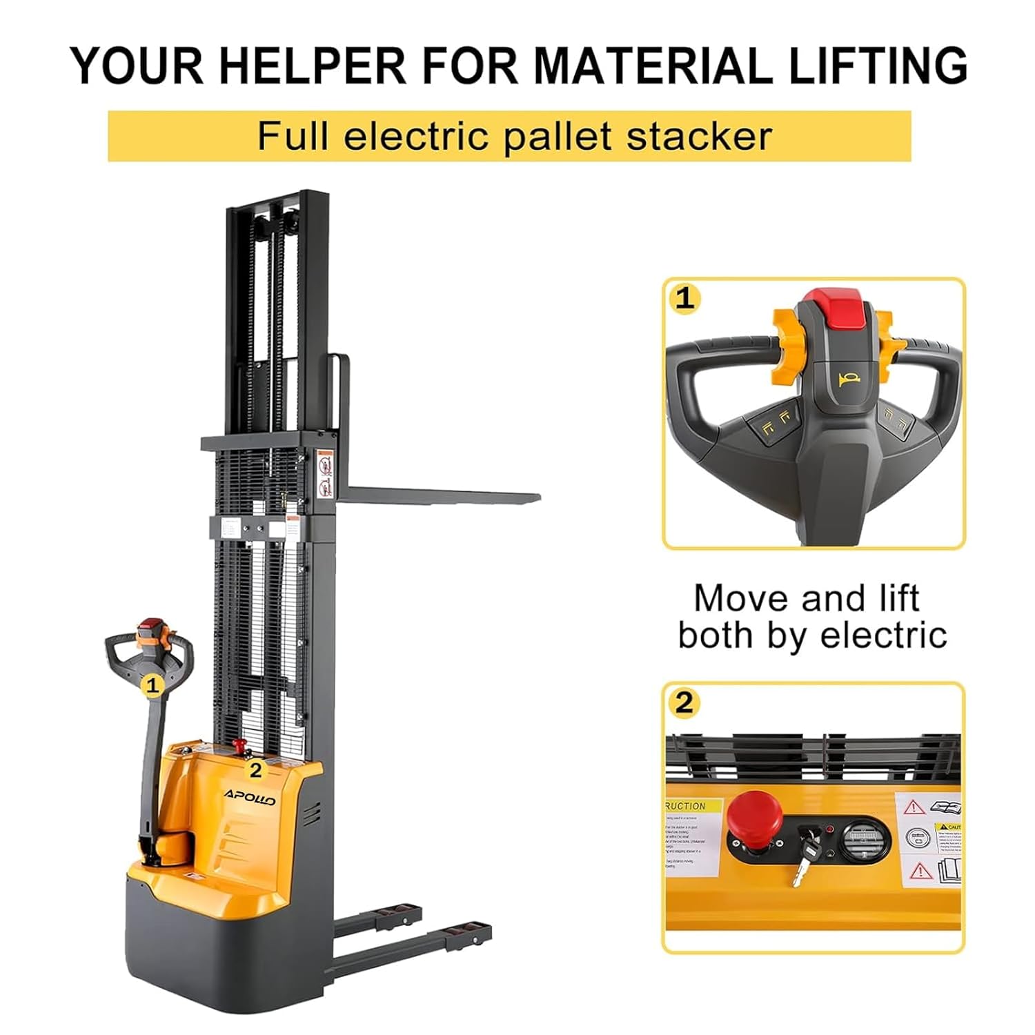 APOLLOLIFT Electric Lift Stacker Pallet Forklift Warehouse Material Lifter Fixed Legs 3300LBS Capacity 98inch Max.Lifting Height