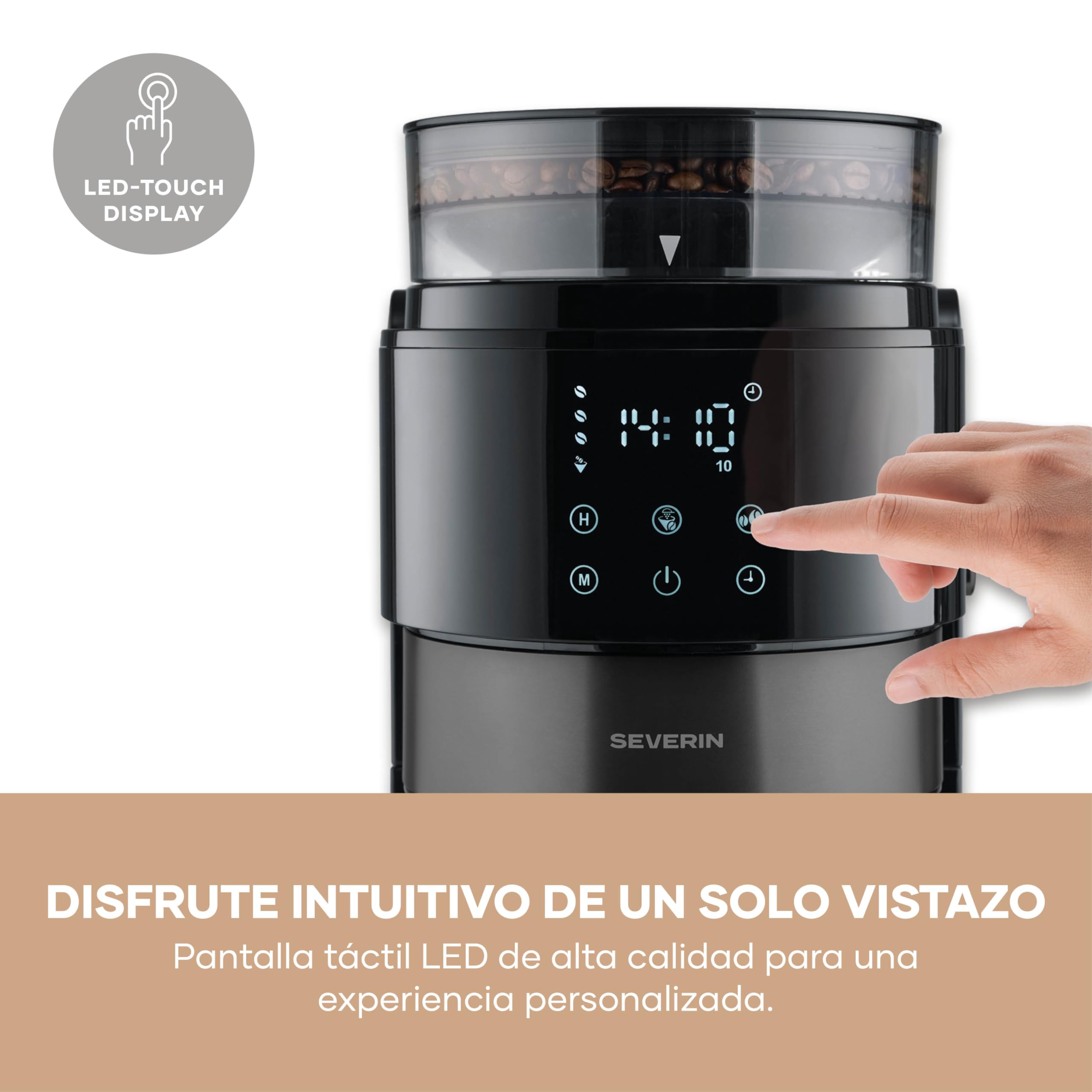 Severin Cafetera de goteo, con jarra de cristal y molinillo, 1,25L de capacidad, hasta 10 tazas, interrupción por goteo, aroma intenso, pantalla LED, 900W, inox oscuro, negro, KA 4830