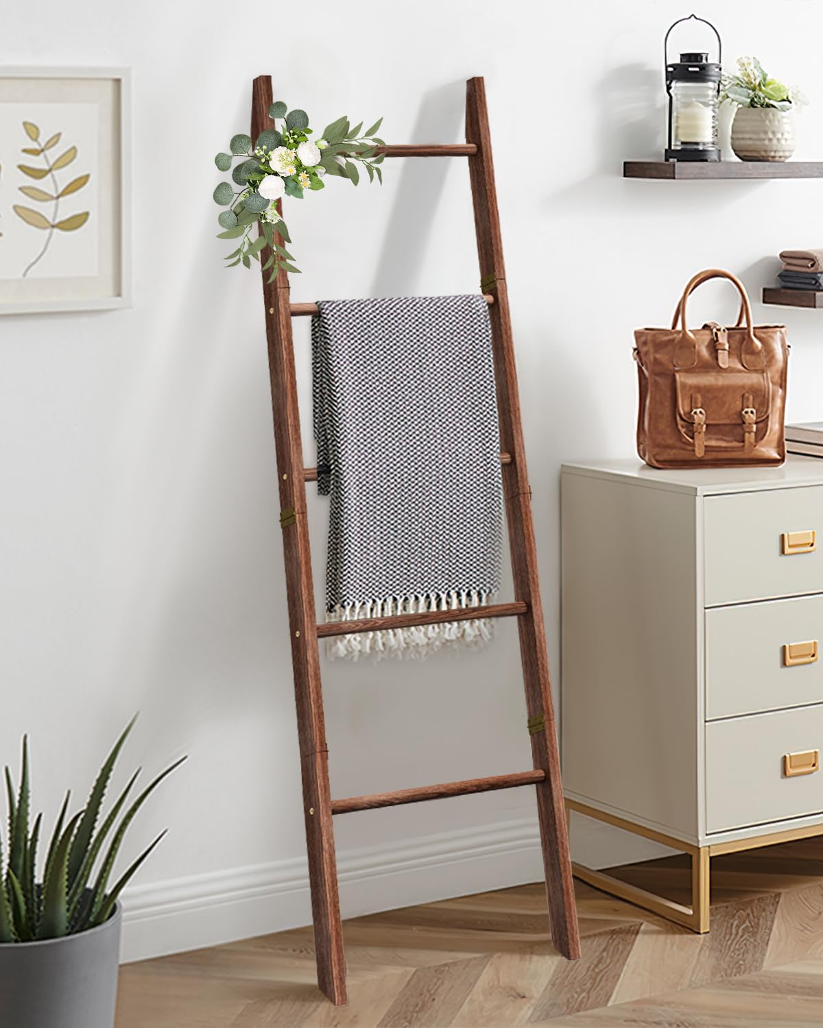 XLHOMO Blanket Ladder for Living Room, 5-Tier Wooden Ladder Shelf, Rustic Decorative Blanket Rack for Blankets, Quilts, Farmhouse Decor Ladder Shelf