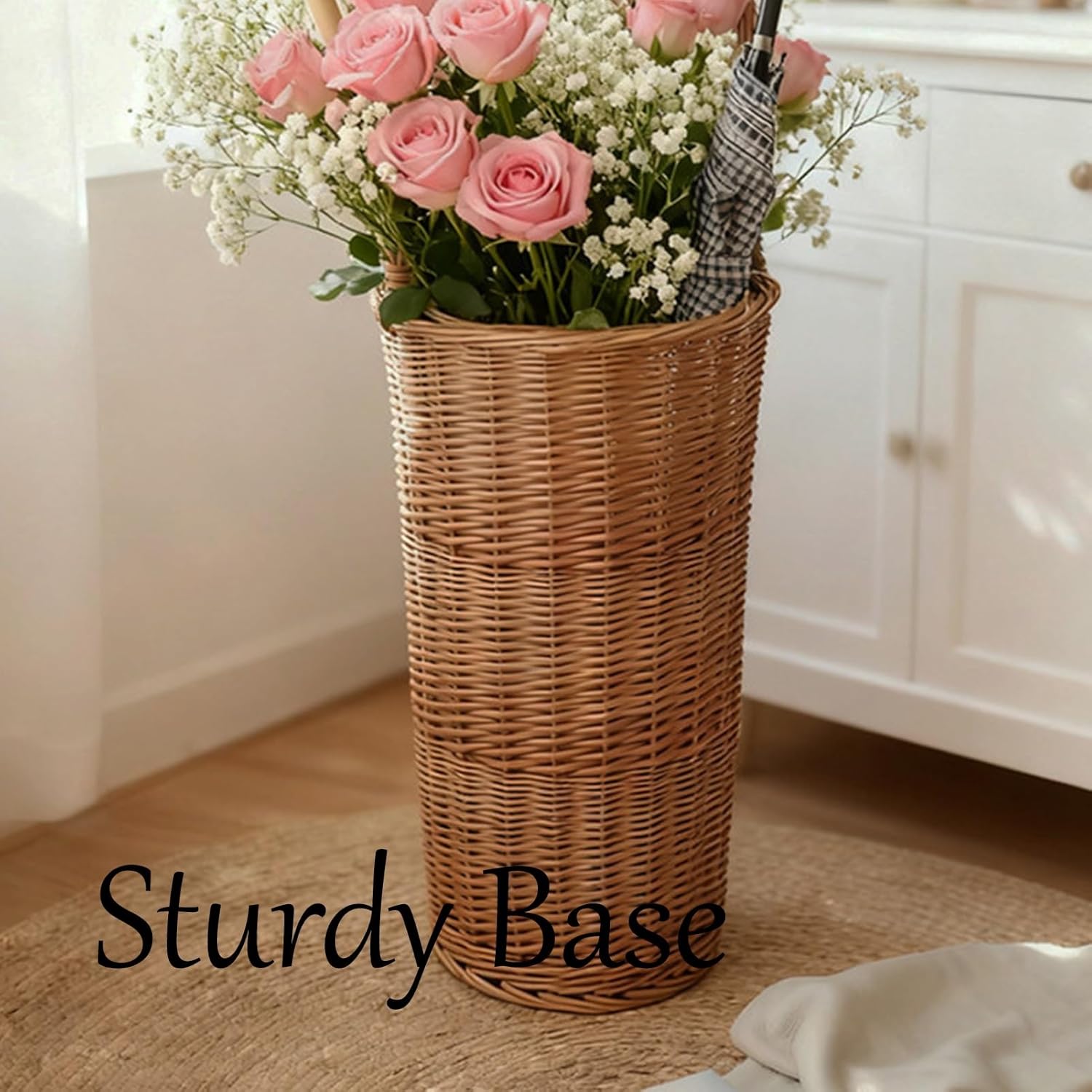 Rattan Umbrella Stand Rack, Wicker Weave Japanese Style Umbrellas Storage Bucket, Household Laundry Basket with Handle Fits Mudroom, Walking Canes, Home, Office