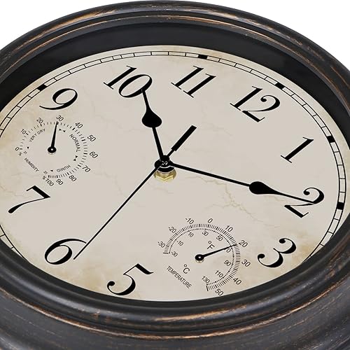 Miniatura 3 de Reloj de pared retro impermeable de 12 pulgadas para interiores y exteriores, con termómetro e higrómetro, funciona con pilas, reloj de pared