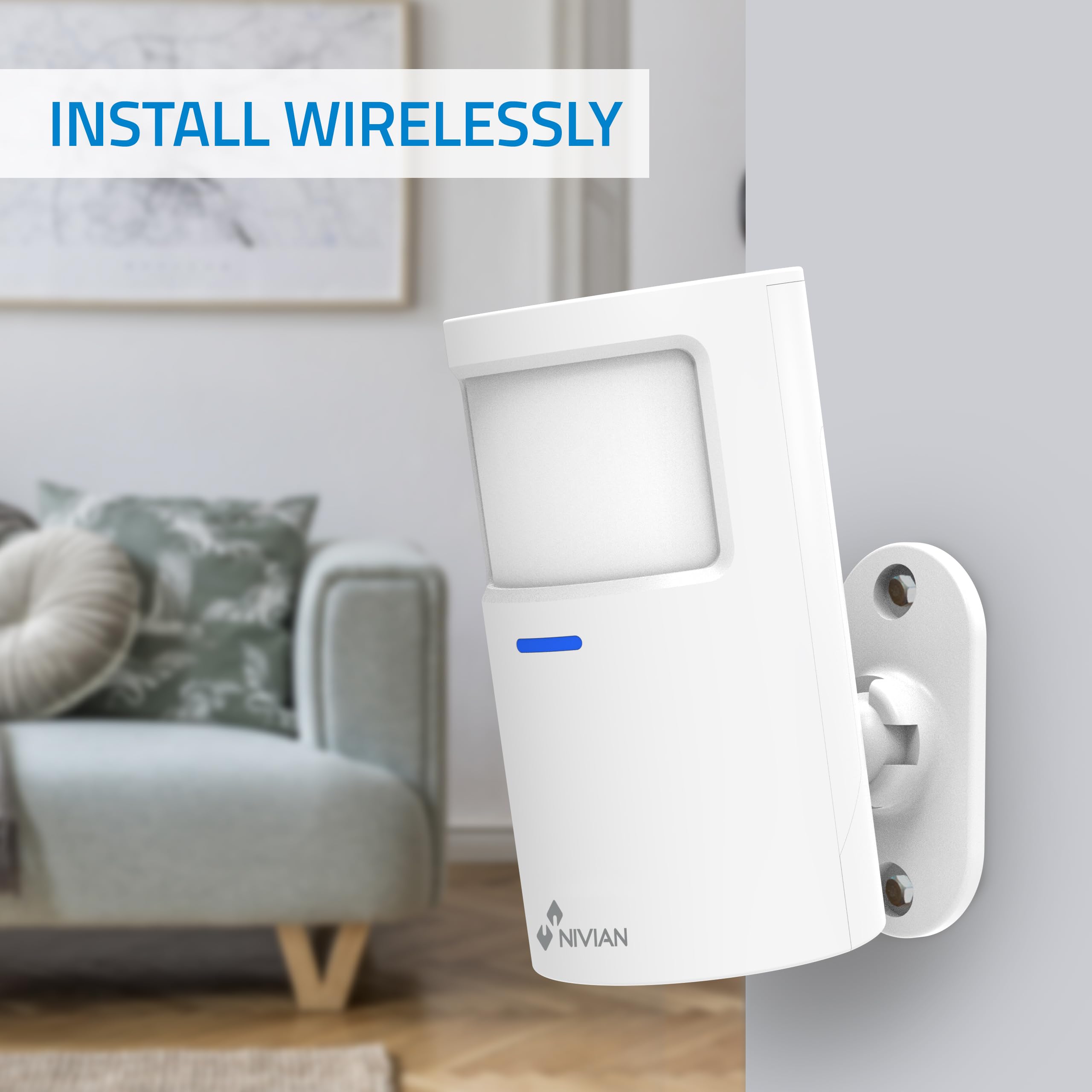 Nivian NVS-INDOORPIR - Detector de Presencia Inalámbrico Interior PIR 433 MHz, Alcance 100 m, Ángulo 110°, Instalación sin Cables, Indicador LED
