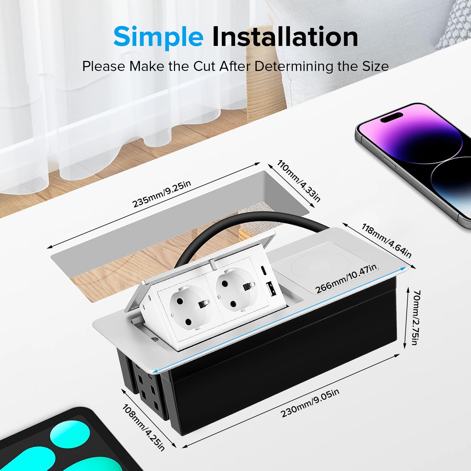 Prise escamotable avec PD20W USB-C et Charge sans Fil 15W, Multiprise encastrable 2 Prises pour Bureau, Cuisine, Table de réunion – Boîtier en Aluminium avec Ouverture Douce – Câble 1,8m
