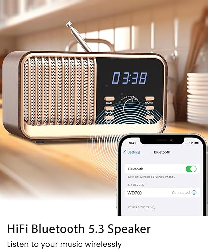 Miniatura 2 de MONODEAL Radio despertador con carga inalámbrica rápida, compatible con Bluetooth 5.3radio FMpuerto USBtarjeta TFentrada auxiliar, altavoz de sonido