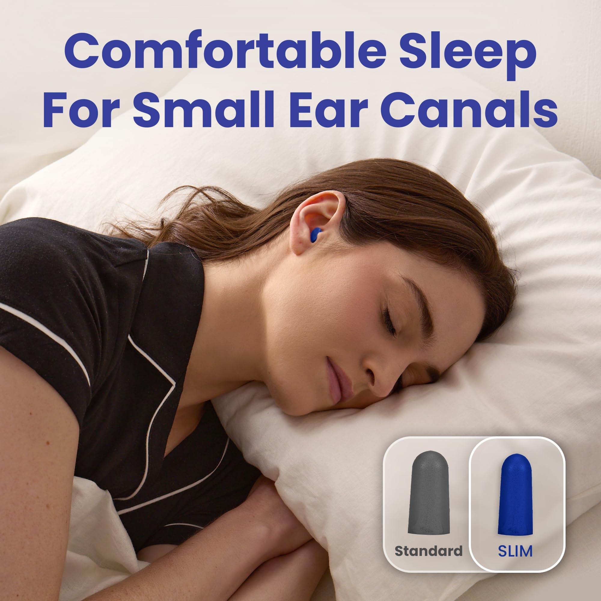 SnoozePlugs Slim - Tapones para los oídos pequeños para canales auditivos pequeños, tapones delgados para dormir, 60 pares de tapones para los oídos de mujer para dormir - 33 dB NRR cómodos tapones de