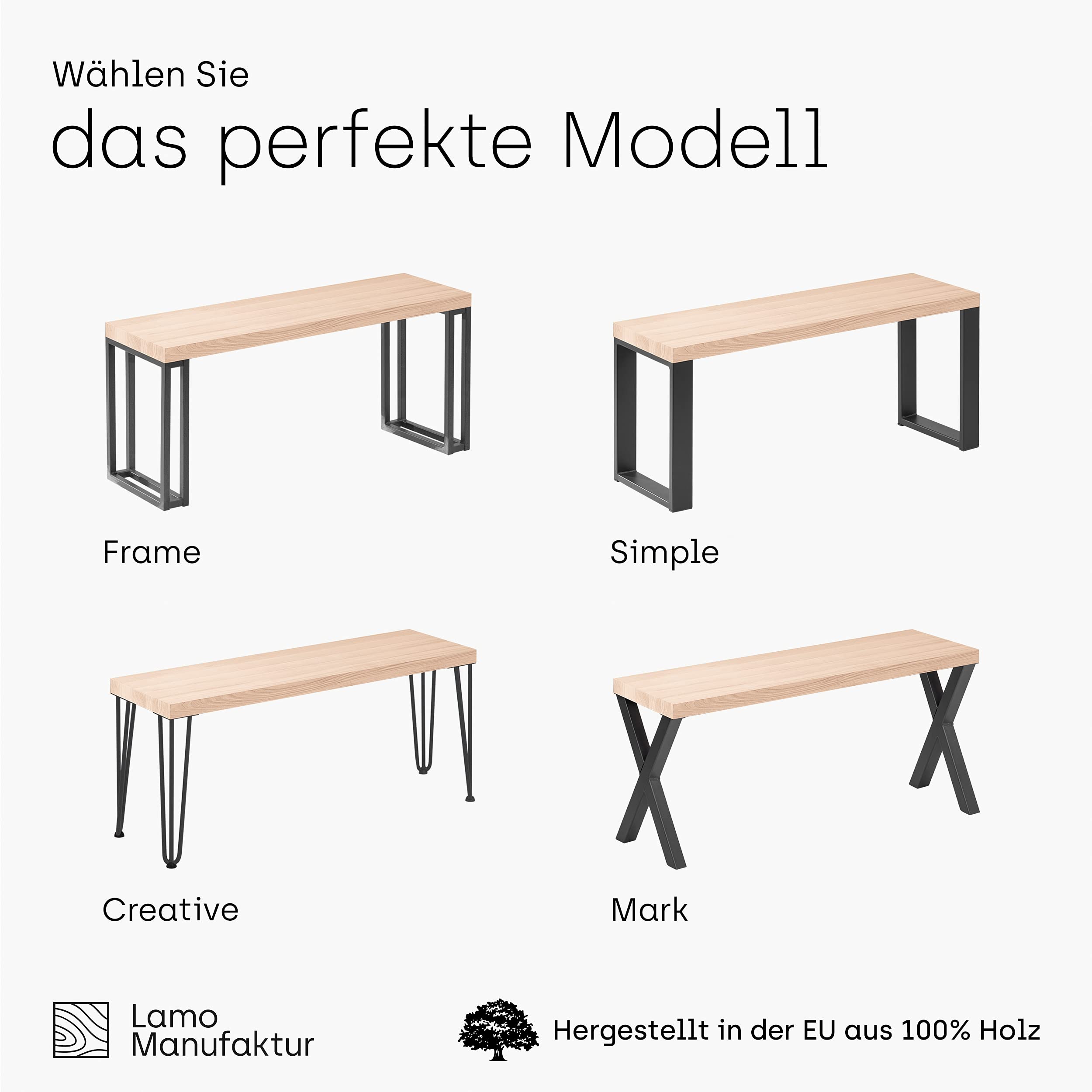 LAMO Manufaktur Sitzbank Esszimmer Holzbank 30x80x47 cm, Möbelfüße Simple Schwarz/Rustikal, LSB-01-A-003-80-9005S