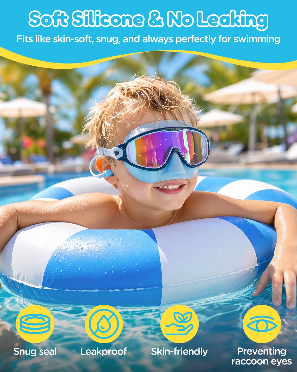 Lot de 2 lunettes de natation pour enfants avec cache-nez, large vue, protection UV, masque de natation pour garçons et filles de 3 à 14 ans