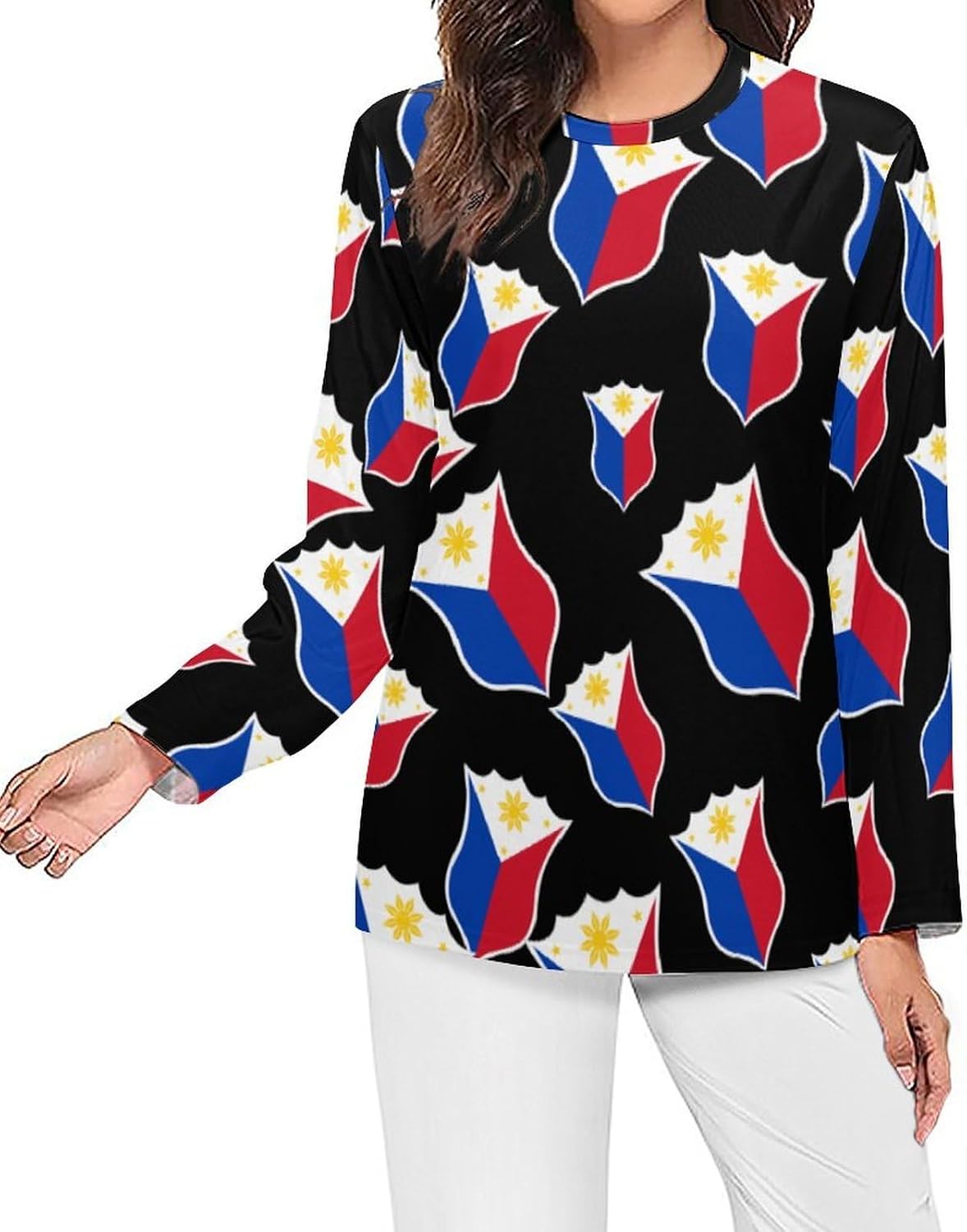 Philippine Flag Crest Women's Pajama Top Sleepwear Pajamas Sleep T-Shirt Long Sleeve Shirt Crewneck Tee