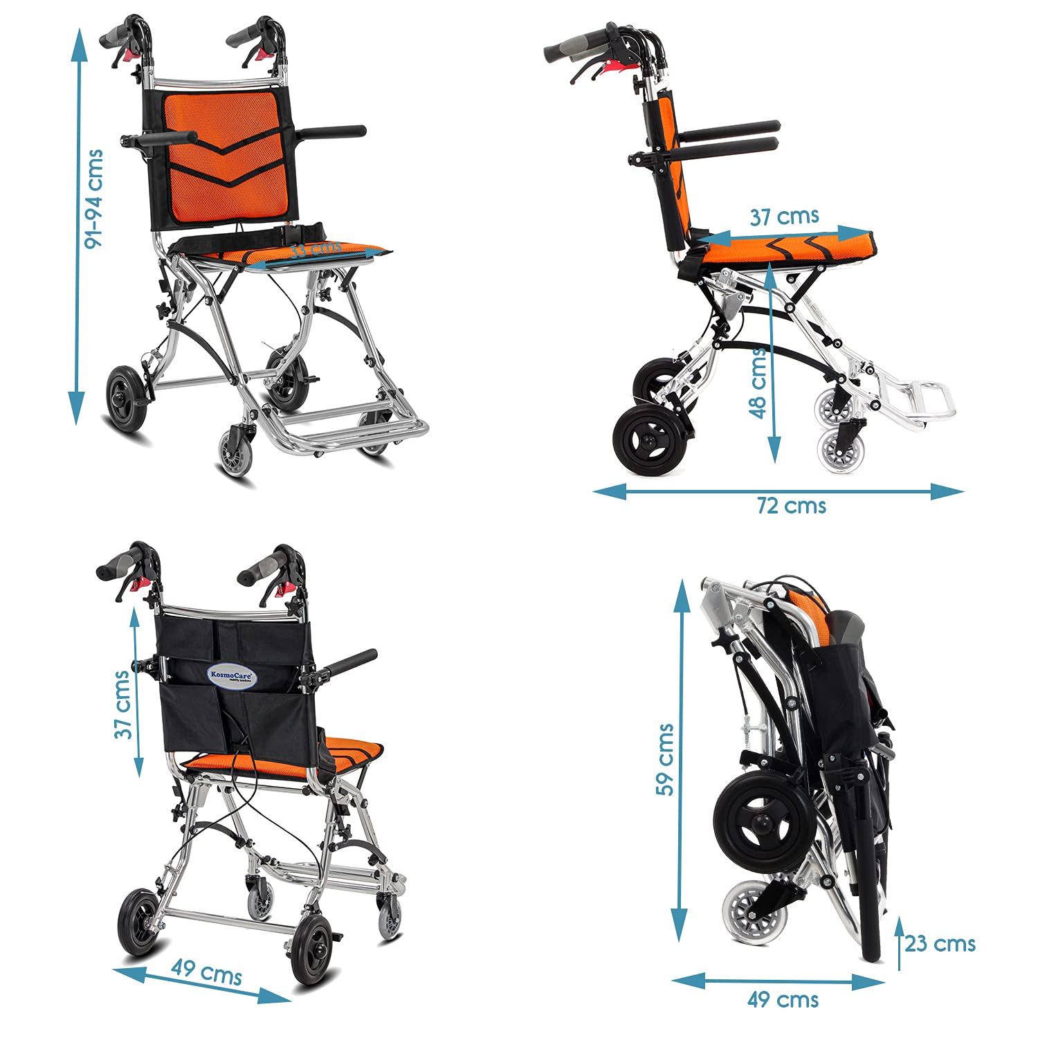 KosmoCare Styler Plus Premium Imported Ultra Lightweight Transporter Wheelchair With Bag and - Crest Series-Orange KosmoCare Styler Plus Premium Imported Ultra Lightweight Transporter Wheelchair With Bag and - Crest Series-Orange
