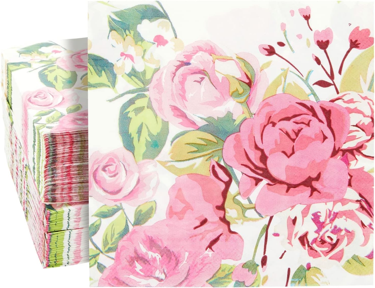 BLUE PANDA 150 Pack Pink Floral Paper Napkins, 13x13 Inches