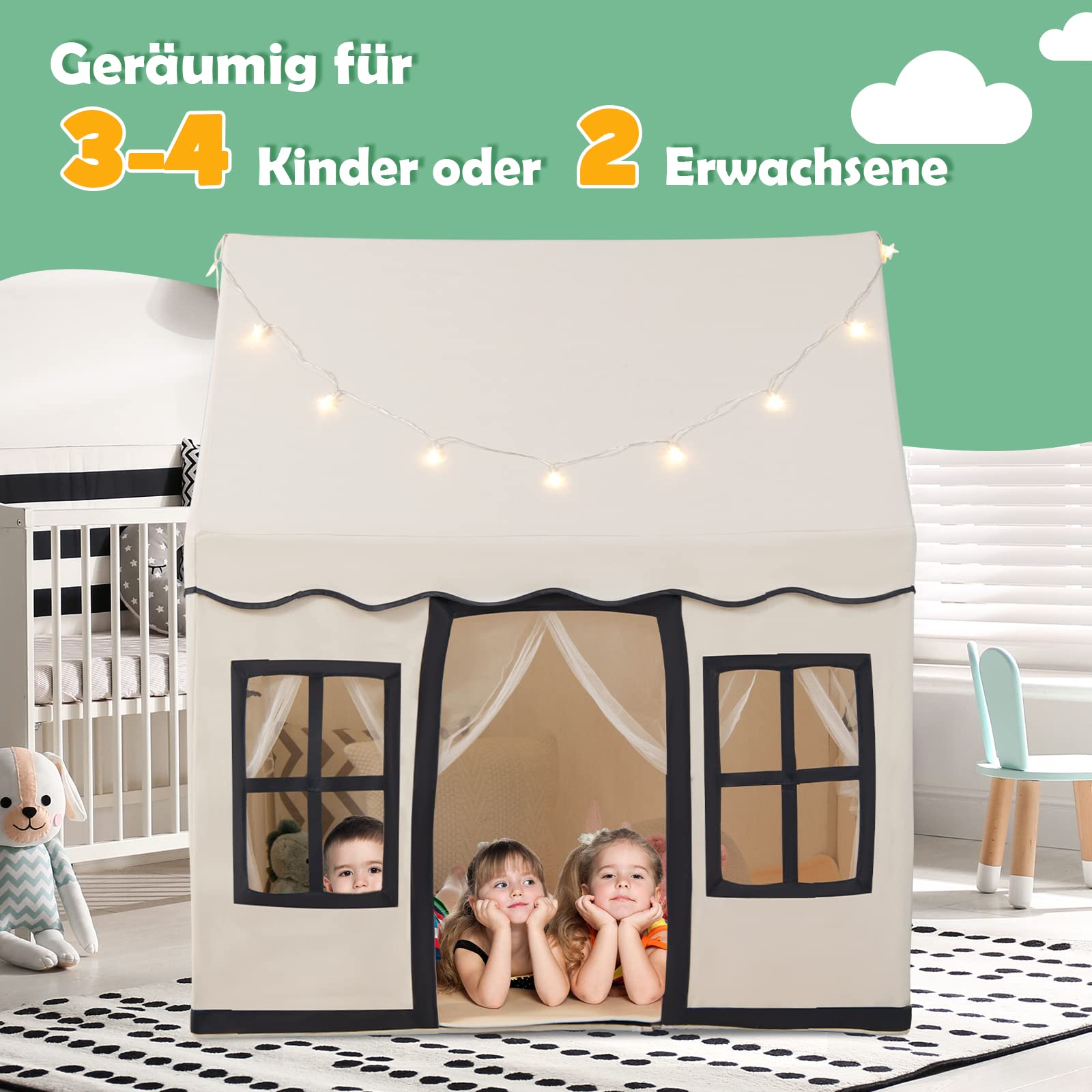 DREAMADE Spielzelt für Kinder mit Lichterkette und gepolsterter Matte, Tipi Zelt, Kinder Spielhaus mit Fenstern, Kinderzelt für Jungs und Mädchen, für Indoor und Outdoor (Beige + Schwarz)