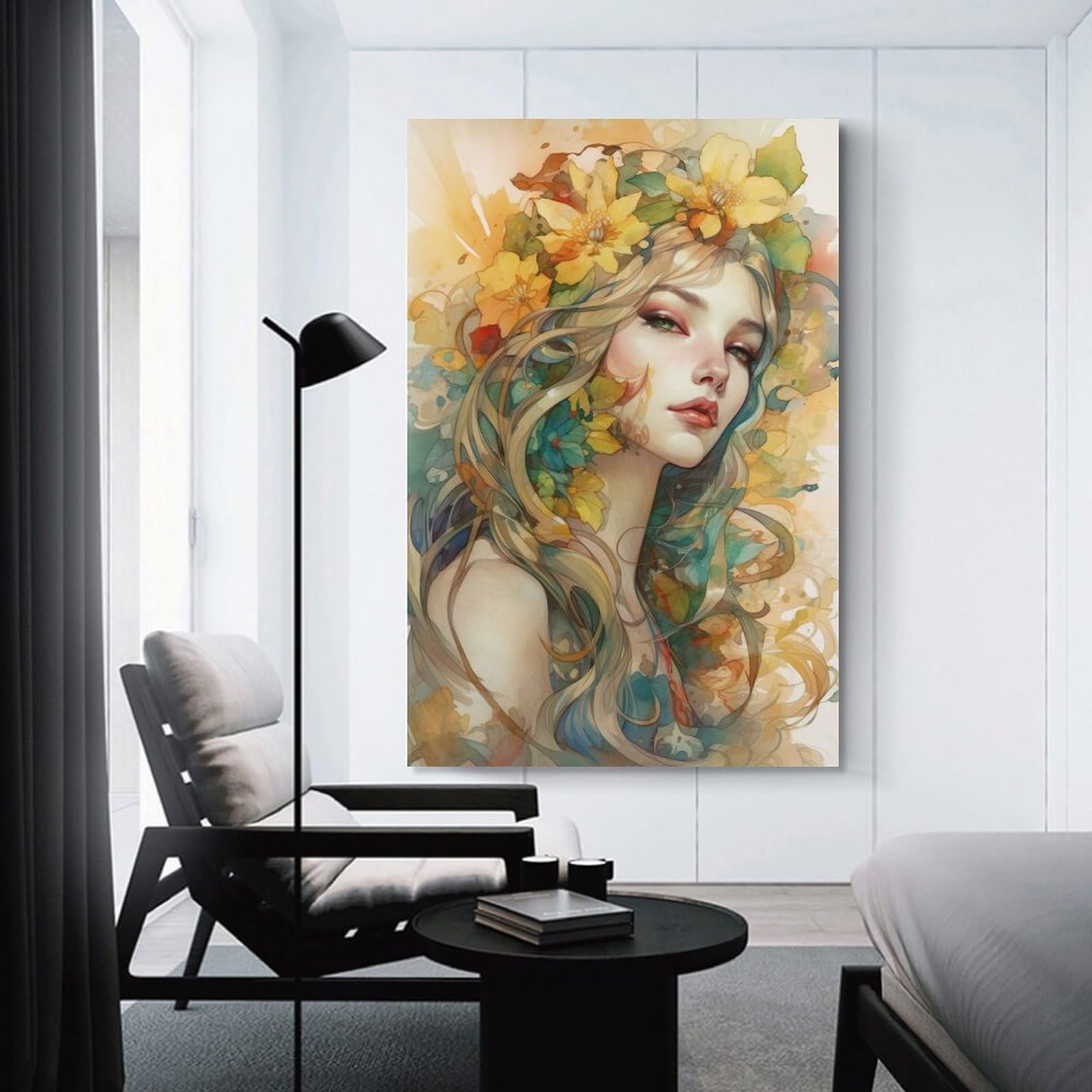 Junmoney Watercolor Floral Portrait Decorative Canvas Print, 24x36inch(60x90cm), for New Home Styling, Lounge Or Bedroom, Wall Decor with Flexible Room Appeal