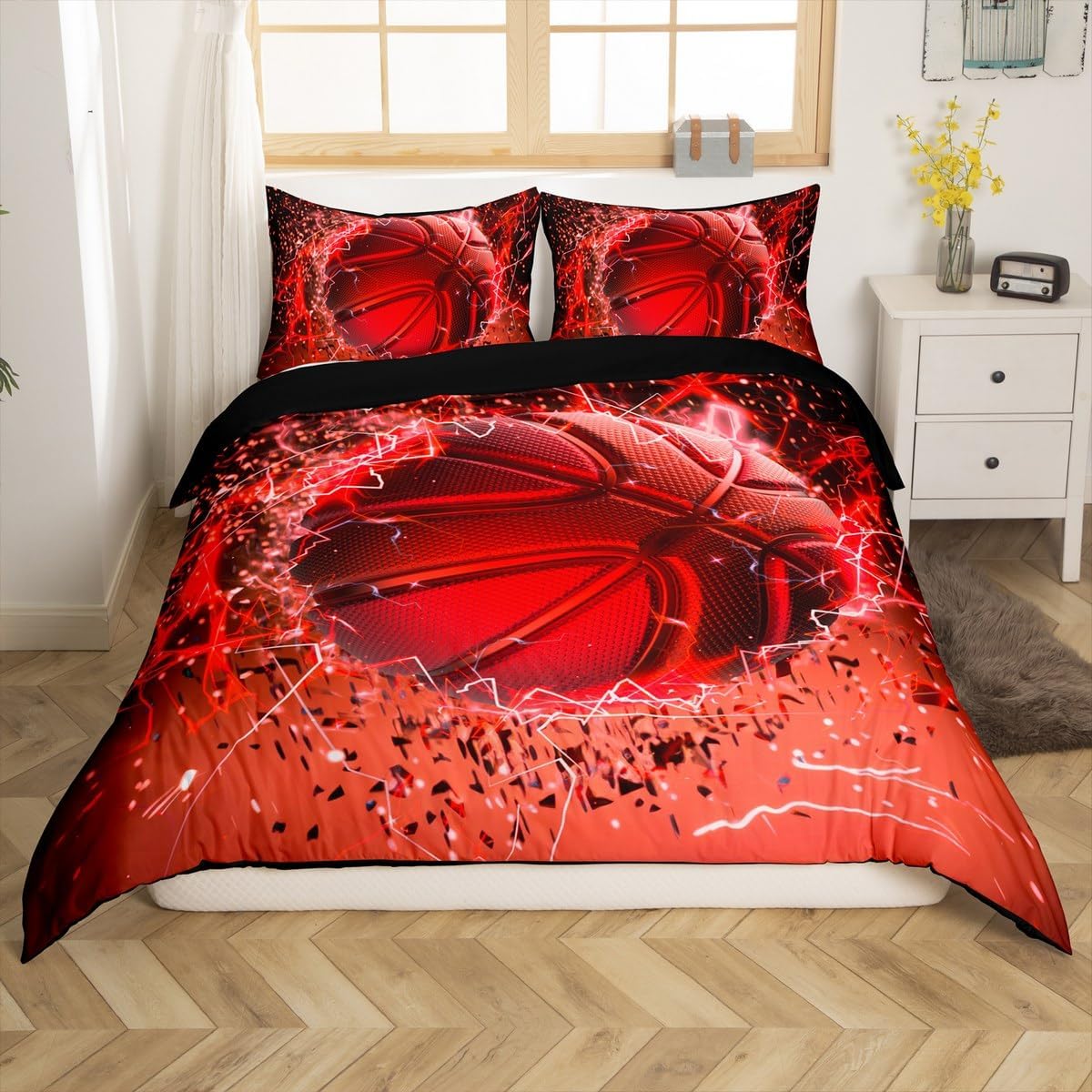 Castle Fairy Basketball King Size Duvet Cover Adults,3D Basketball Print Ball Game Comforter Cover with Pillowcases,Sports Theme Lightning Red Ultra Soft Bedspread Decorative Quilt Cover,No Comforter