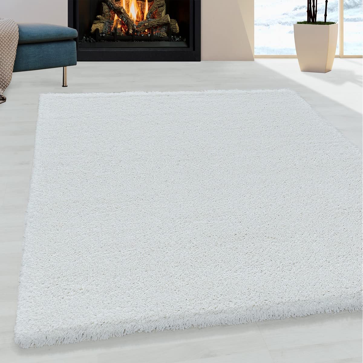 Tapis à poils longs super doux blanc 120x120 cm à la texture riche et dense
