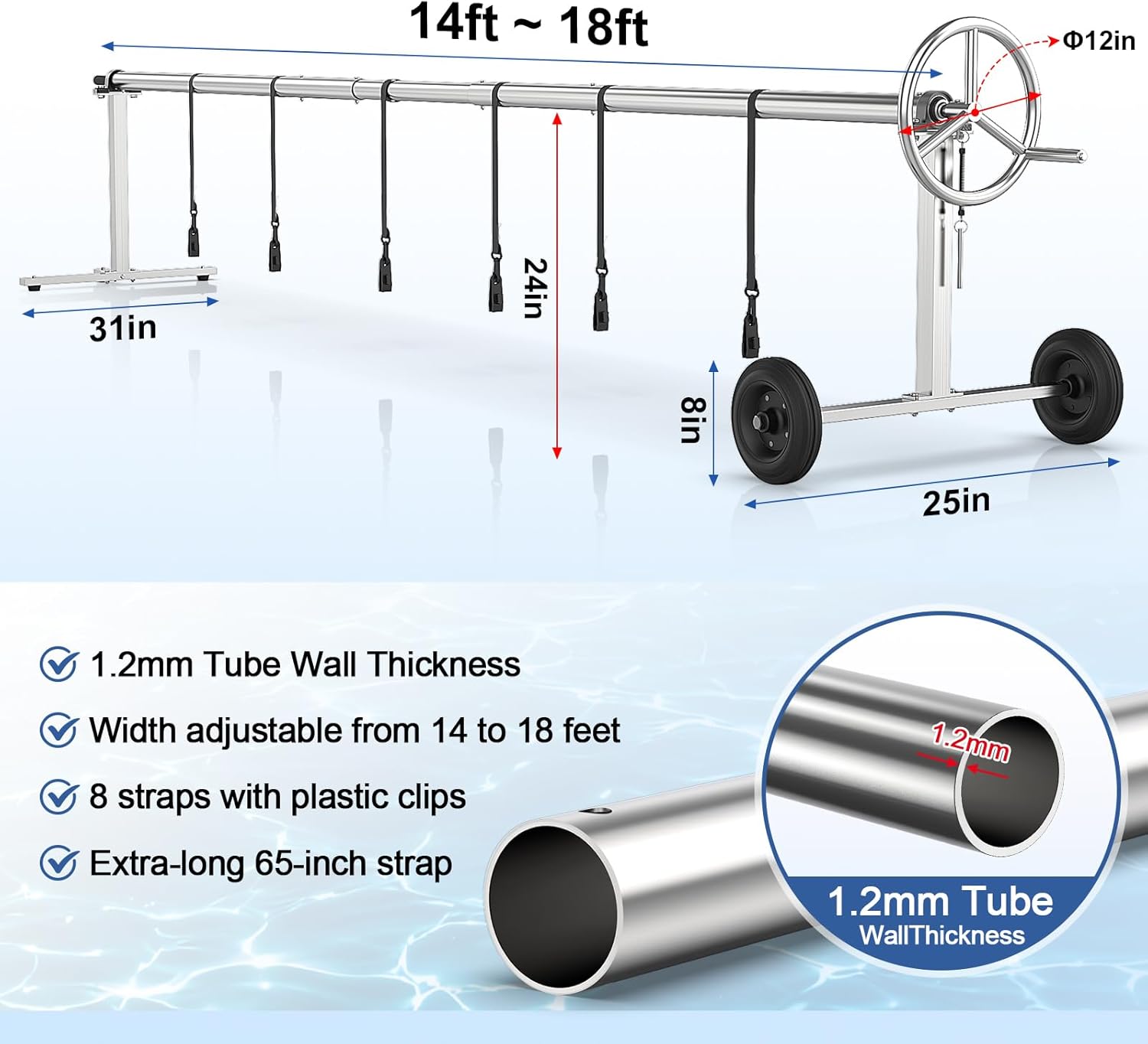 Abimars 18ft Pool Solar Cover Reel with Ball Bearings, 304 Stainless Steel Pool Solar Blanket Reel for Inground Pools, No Sagging, Heavy-Duty Pool Safety Covers Reels