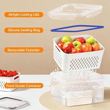 Fridge Fruit Storage Containers- 4-in-1 Food Storage Box 2026, 4 In 1 Leakproof Transparent Organizers With Removable Colander | Fruit Washing Bowl | For Home Offices School Kitchen Grocery Pantry Pic