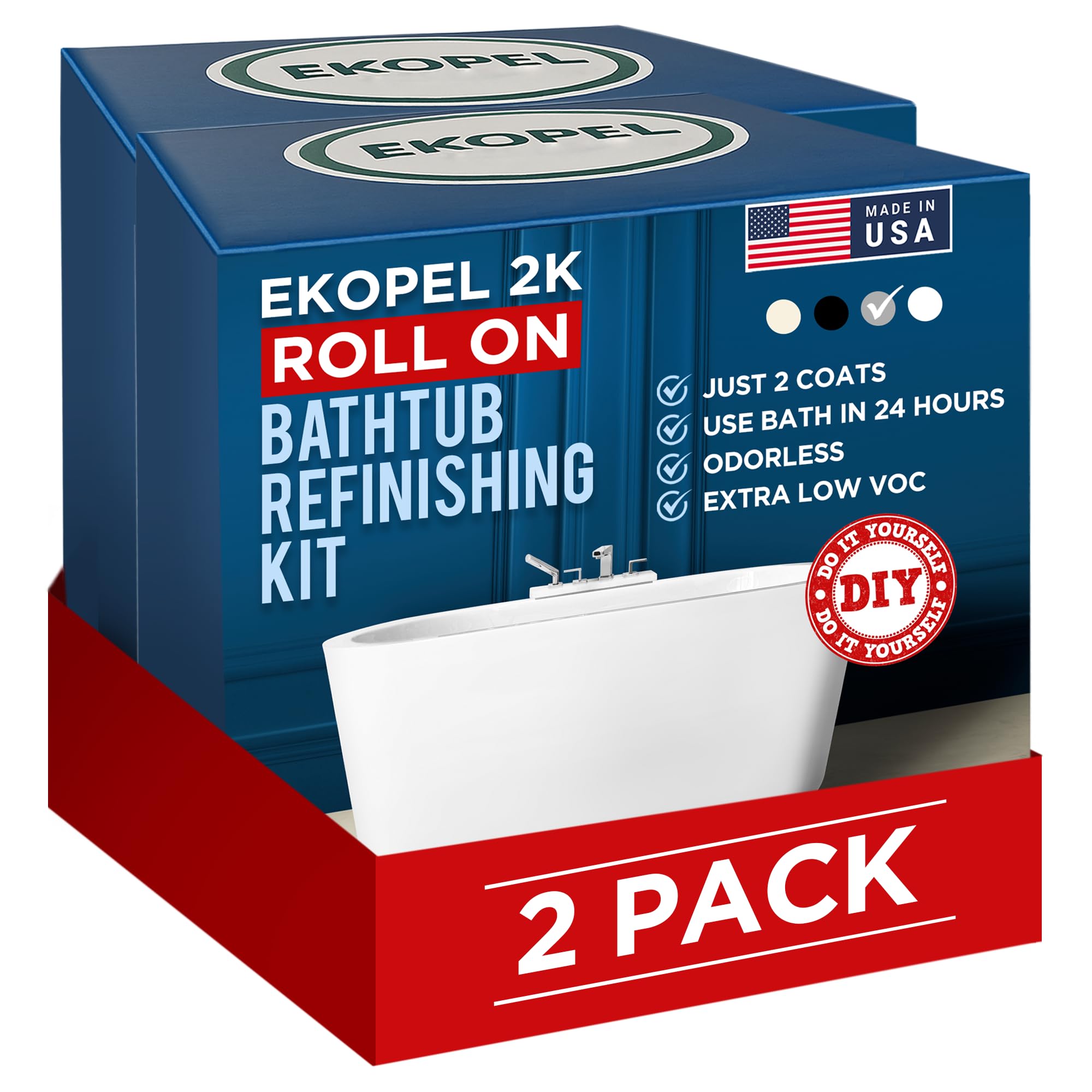 Ekopel 2K Roll On Bathtub Refinishing Kit - Odorless Durable Paint - Easy 2-Coat Application, Renew Your Surround - Made in USA, Grey Gloss Finish for Bathtub & Surround Size Kit