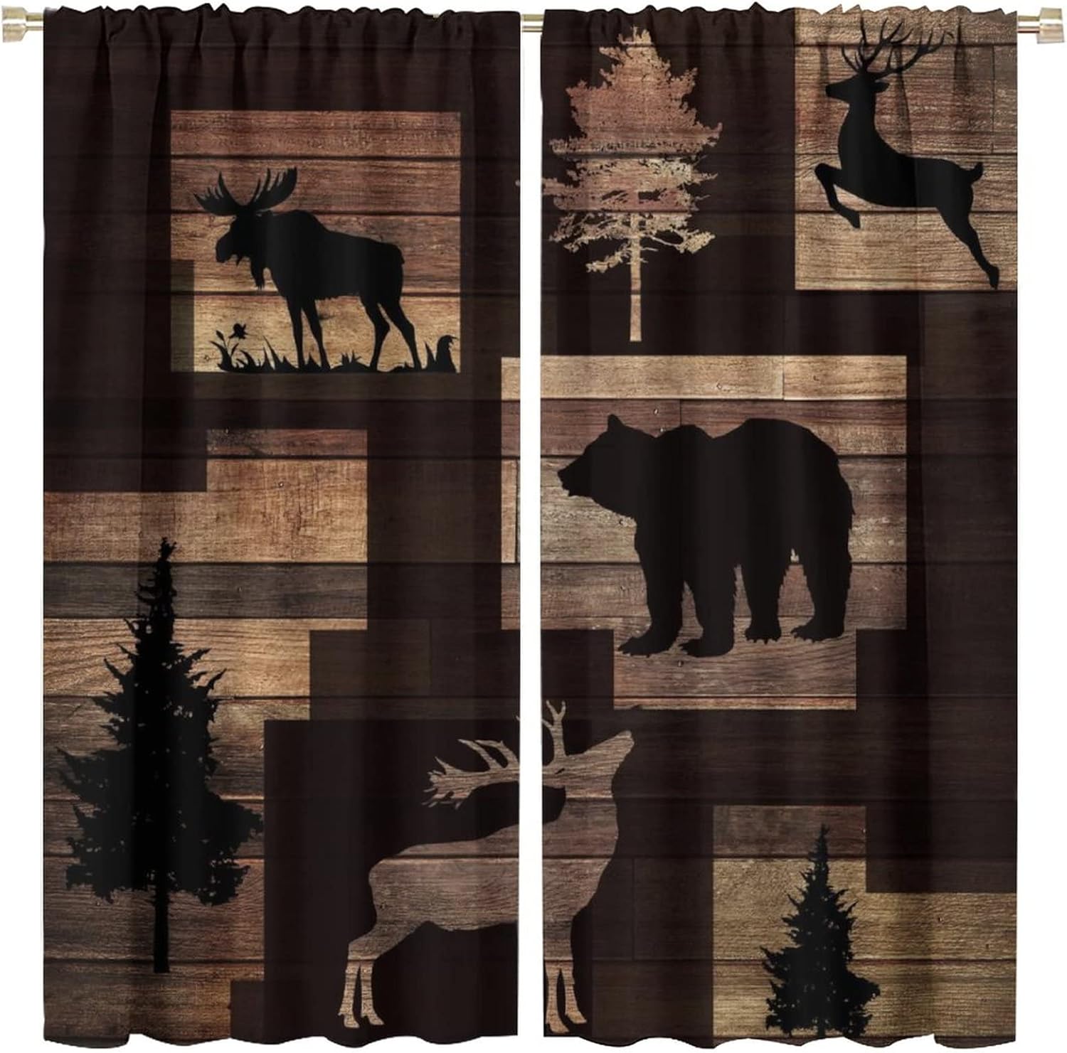 Rustic Lodge Cabin Rod Pocket Blackout Curtains for Living Room,Noise Reduction Abstract Vintage Jungle Wildlife Elk Deer Tree Bear Window Treatment,2 Panels 63L x 31.5W