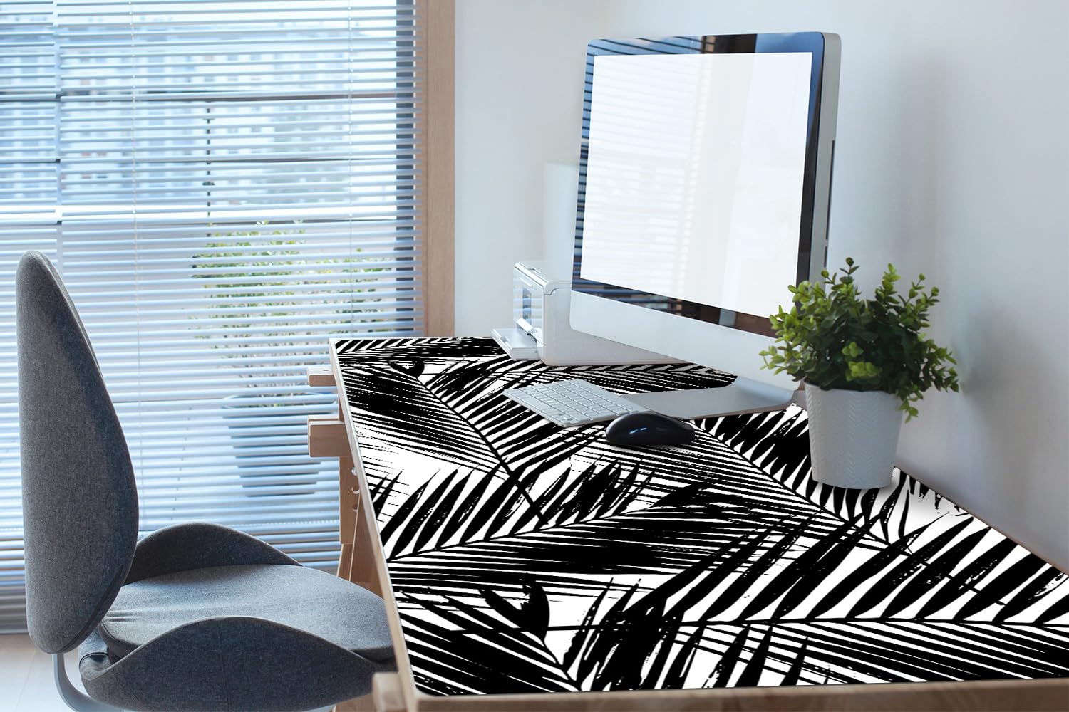 Sottomano da Scrivania 120x60 cm in Vinile PVC Protezione e Decorazione Facile da Pulire Superficie Protettiva per Ufficio e Casa Antiscivolo Impermeabile - Foglie esotiche nere