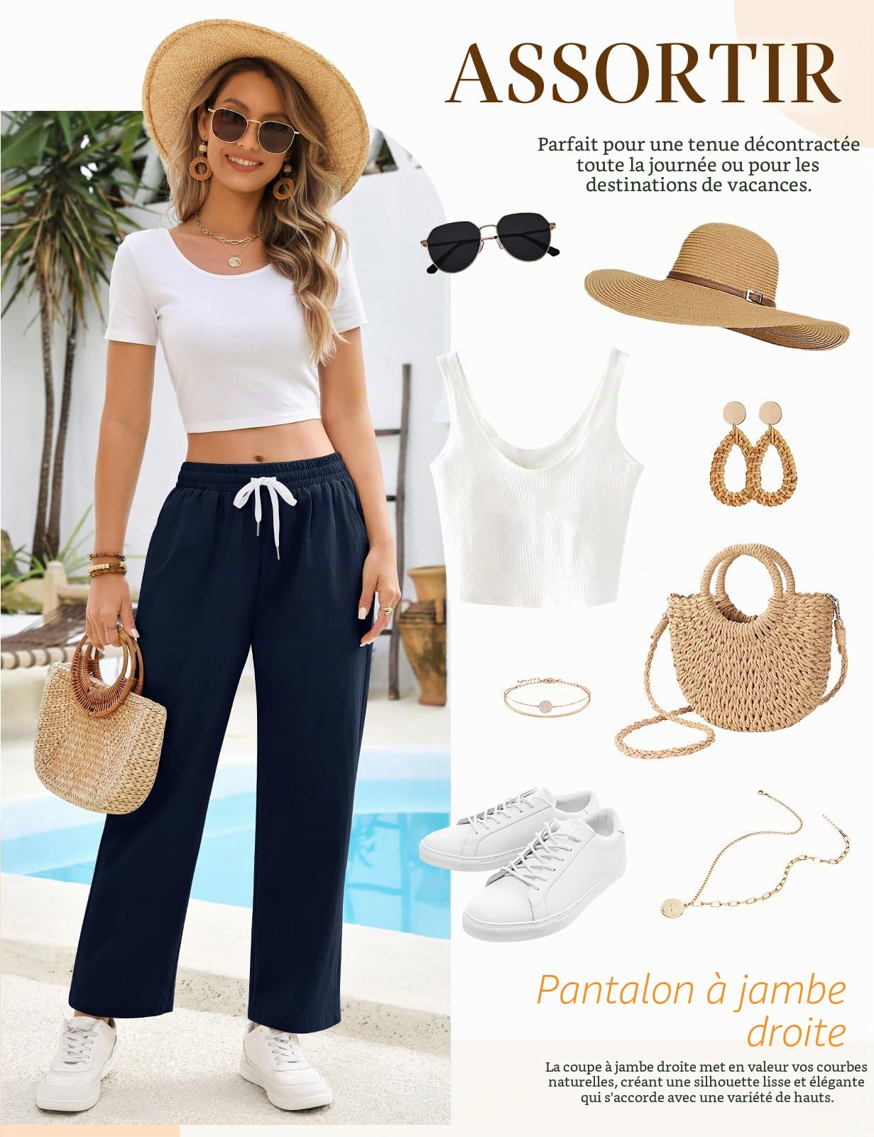 Pantalon Femme Été 7/8 Fluide Léger Coton Pantalons Décontractée Ample Droit Pantacourt Taille Haute Elastique Palazzo Chic et Elegant Travail Longueur Pants avec Poches