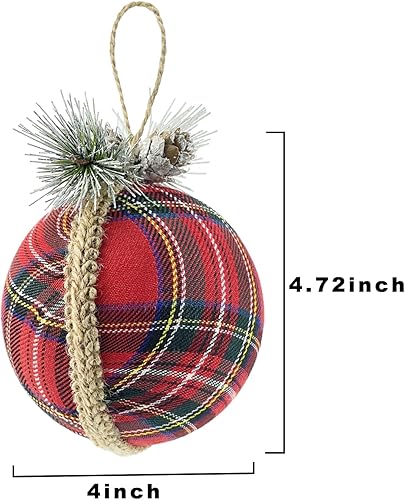 Miniatura 5 de Bolas de Navidad de piña a cuadros de 4 pulgadas, 6 bolas de arpillera de yute natural rústico para árboles de Navidad, decoraciones de vacaciones