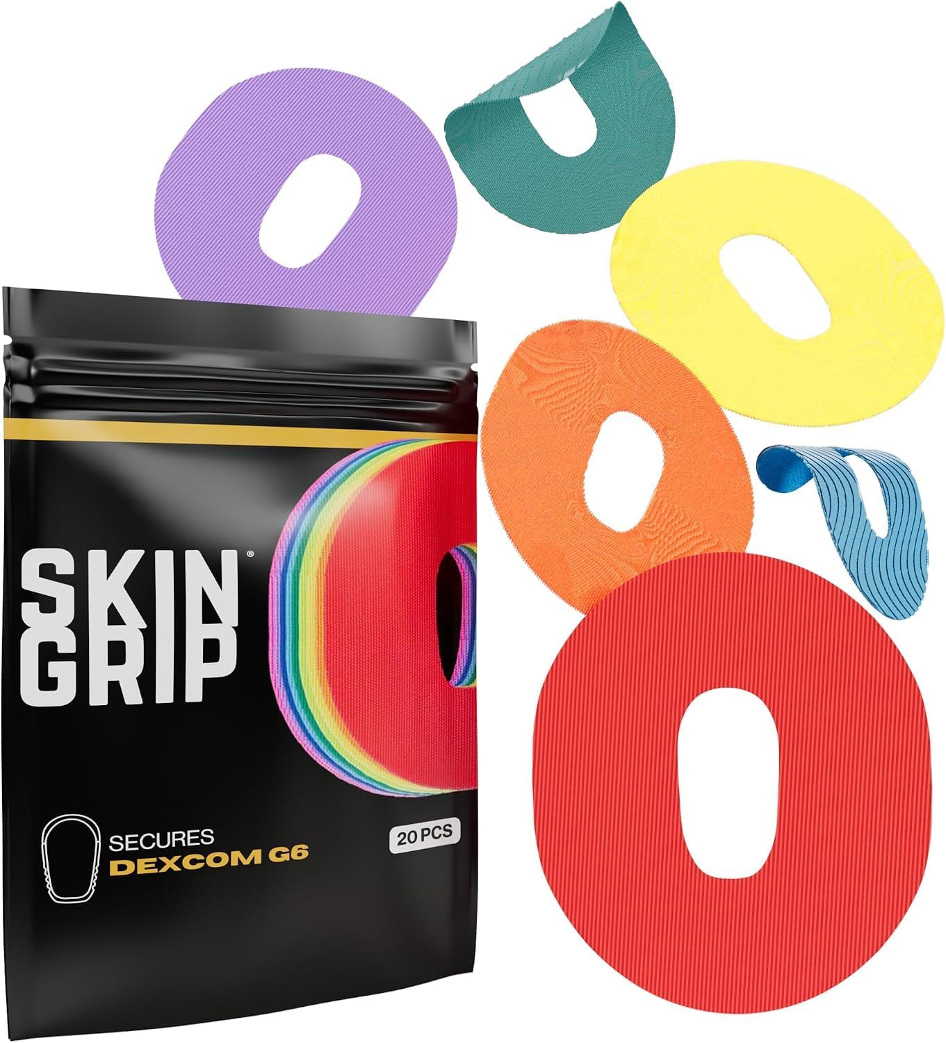 Skin Grip Adhesive Patches for Dexcom G6 CGM (20-Pack), Waterproof & Sweatproof for 10-14 Days, Pre-Cut Adhesive Tape, Continuous Glucose Monitor Protection(Multi-Colored) | Waterproof & Sweatproof with Cutout, 15+ Days of Grip, Continuous Glucose Monitor Patch, CGM Sensor Cover, Rainbow Pack