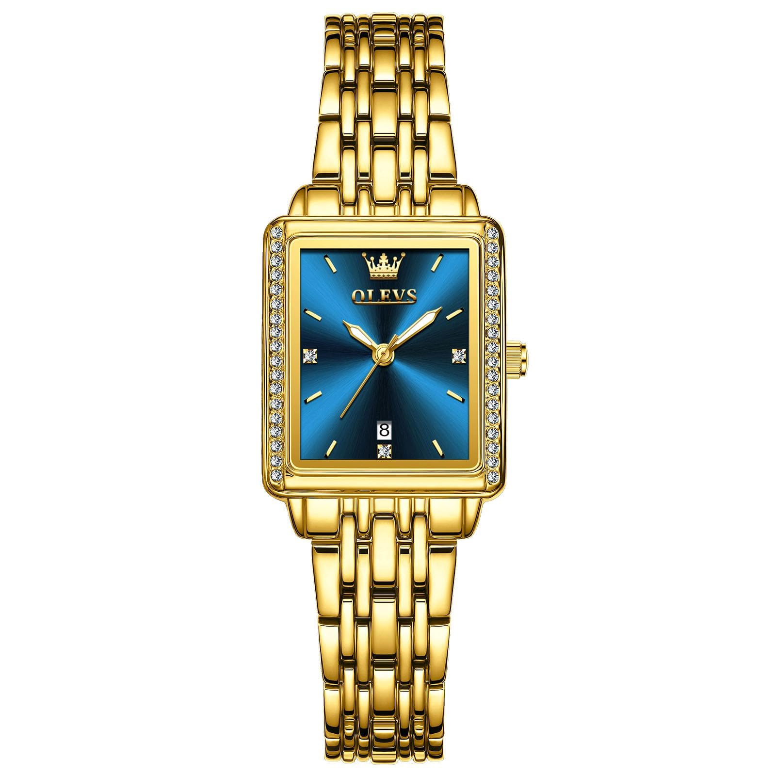 OLEVS Gold Uhren für Frauen Quadrat, Edelstahl Armband Damenuhren Kleines Gesicht, Retro wasserdichte Leuchtende Damen Armbanduhren mit Datum Leicht zu Lesen