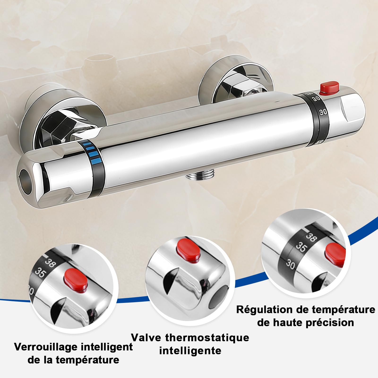 Mitigeur Douche Thermostatique, 135-160 mm Universel Robinet Douche Laiton Thermostatique avec Bouton Sécurisé à 38°C de Douche Chromé Mitigeur Thermostatique