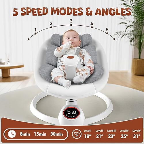 Miniatura 4 de Columpios para bebés y niños pequeños, columpio portátil para bebé con almohadilla extra, columpio eléctrico para bebés con 5 velocidades y música