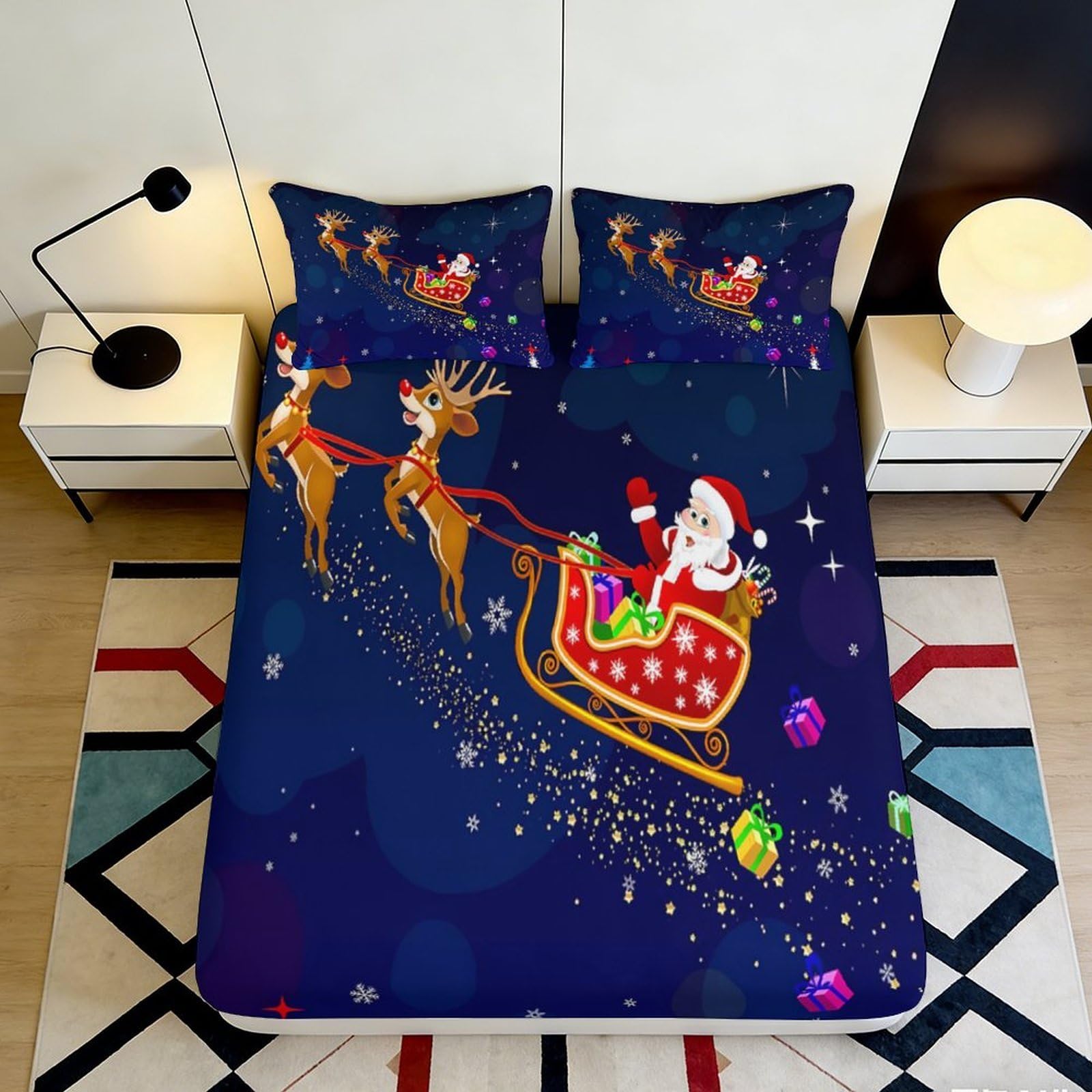 Jqzkxnhpbr Style-8 3D Printed Christmas Santa Sleigh Fitted Sheet Microfiber Soft Blue Reindeer Mattress Cover For Bedroom Guest Room Home Decor 90X200x25cm