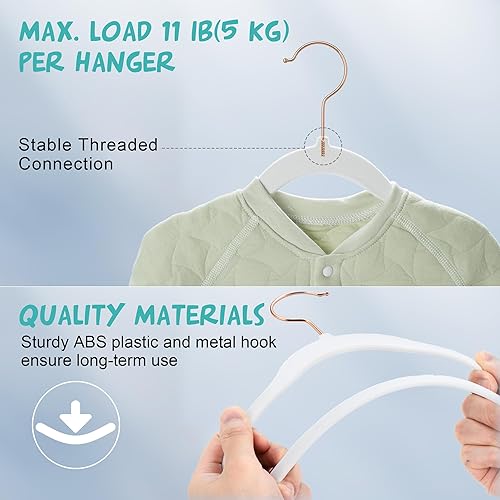 Miniatura 6 de Paquete de 50 perchas de terciopelo antideslizantes para bebés con ganchos giratorios, organizadores de armario para niños pequeños que ahorran
