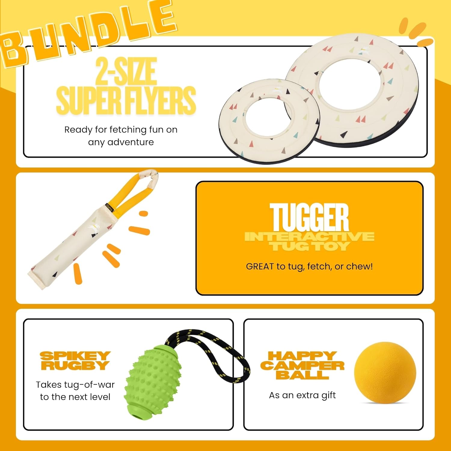 OllyDog Ultimate Dog Toy Bundle – Tug Toy, Floating Frisbees (11" & 9"), Rubber Ball & Rope Rugby – Durable, Eco-Friendly Dog Toys for Fetch, Water Play & Training