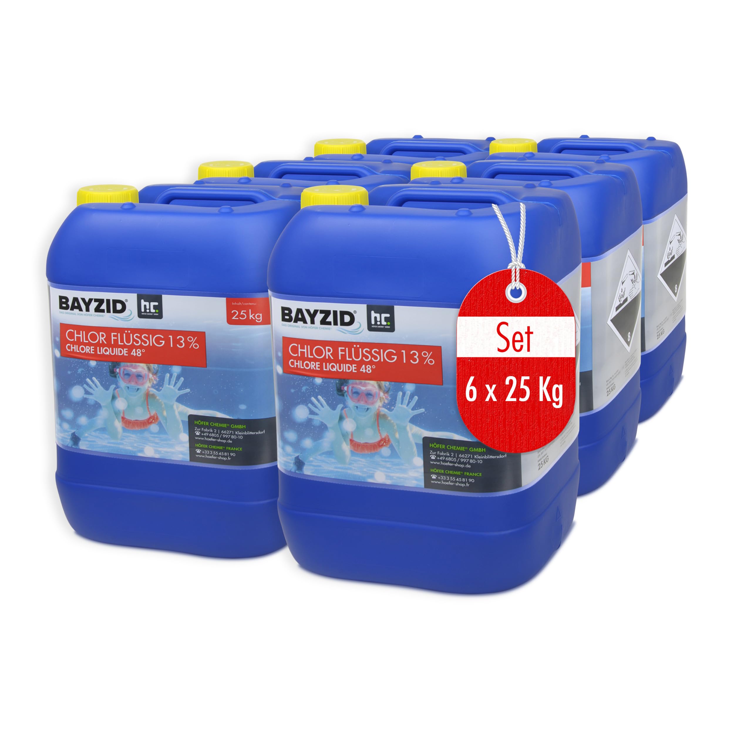 Bayzid Chlore Liquide 6 x 25 kg - Eau Claire et Brillante - Action Rapide | Désinfectant Piscine à Action Rapide, 13-15% de Chlore Actif - Pour Systèmes de Dosage Automatique - Action Rapide et Durable