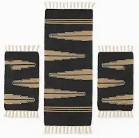 Kit 3 Tapetes Artesanais com Passadeira – Preto e Marrom Areia, com Franjas, Estilo Moderno, para Cozinha, Sala e Corredor (Passadeira 1+2 Tapetes)