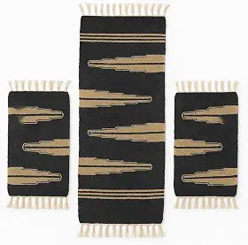 Kit 3 Tapetes Artesanais com Passadeira – Preto e Marrom Areia, com Franjas, Estilo Moderno, para Cozinha, Sala e Corredor (Passadeira 1+2 Tapetes)