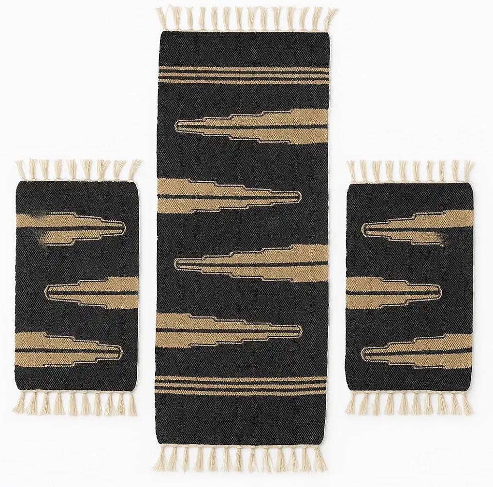 Kit 3 Tapetes Artesanais com Passadeira – Preto e Marrom Areia, com Franjas, Estilo Moderno, para Cozinha, Sala e Corredor (Passadeira 1+2 Tapetes)