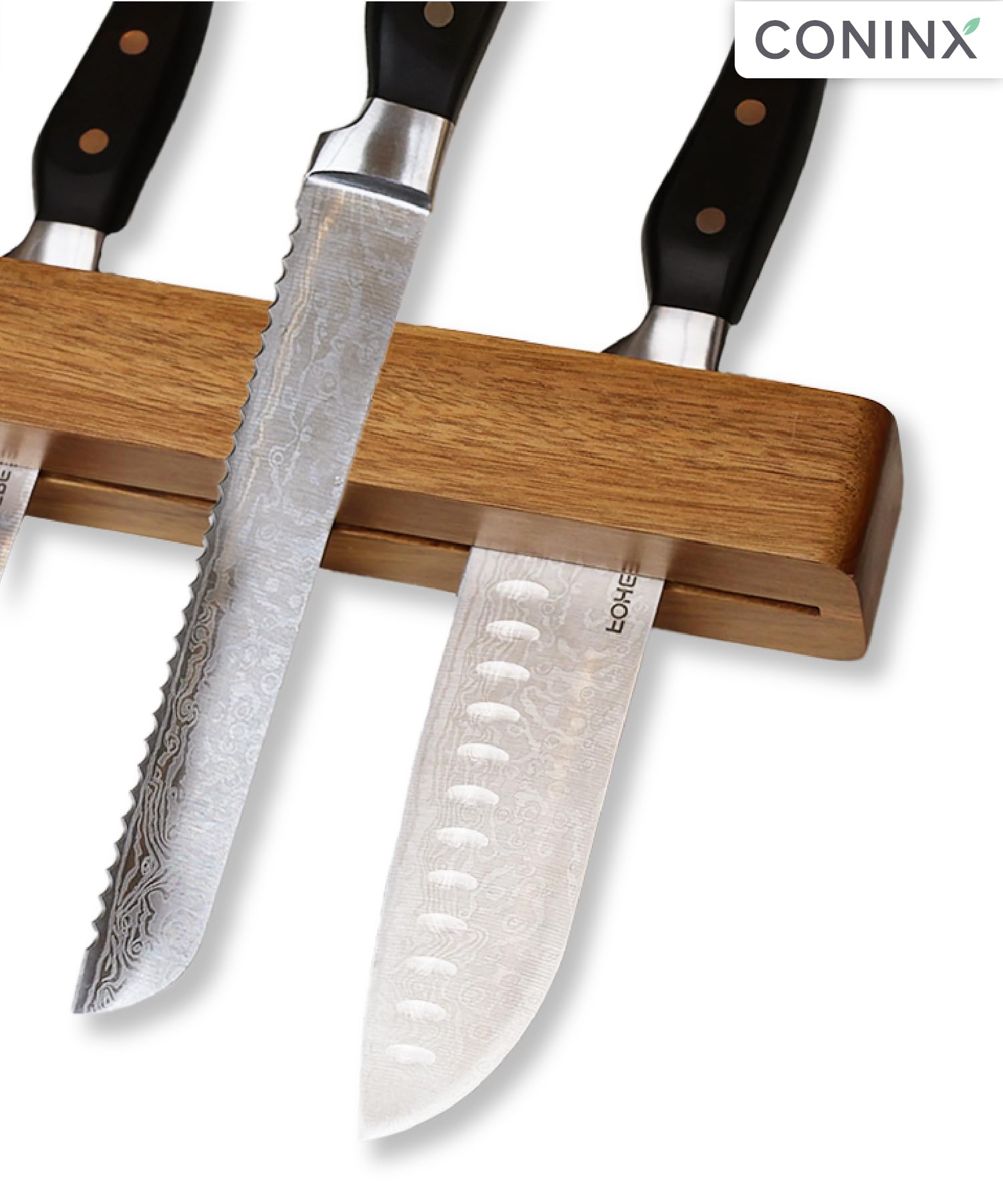 Coninx Barra magnética de pared doble imán de madera de acacia - 40 cm portacuchillos con tornillos y tacos - Carril imán potente para utensilios de cocina elegante y ahorro de espacio