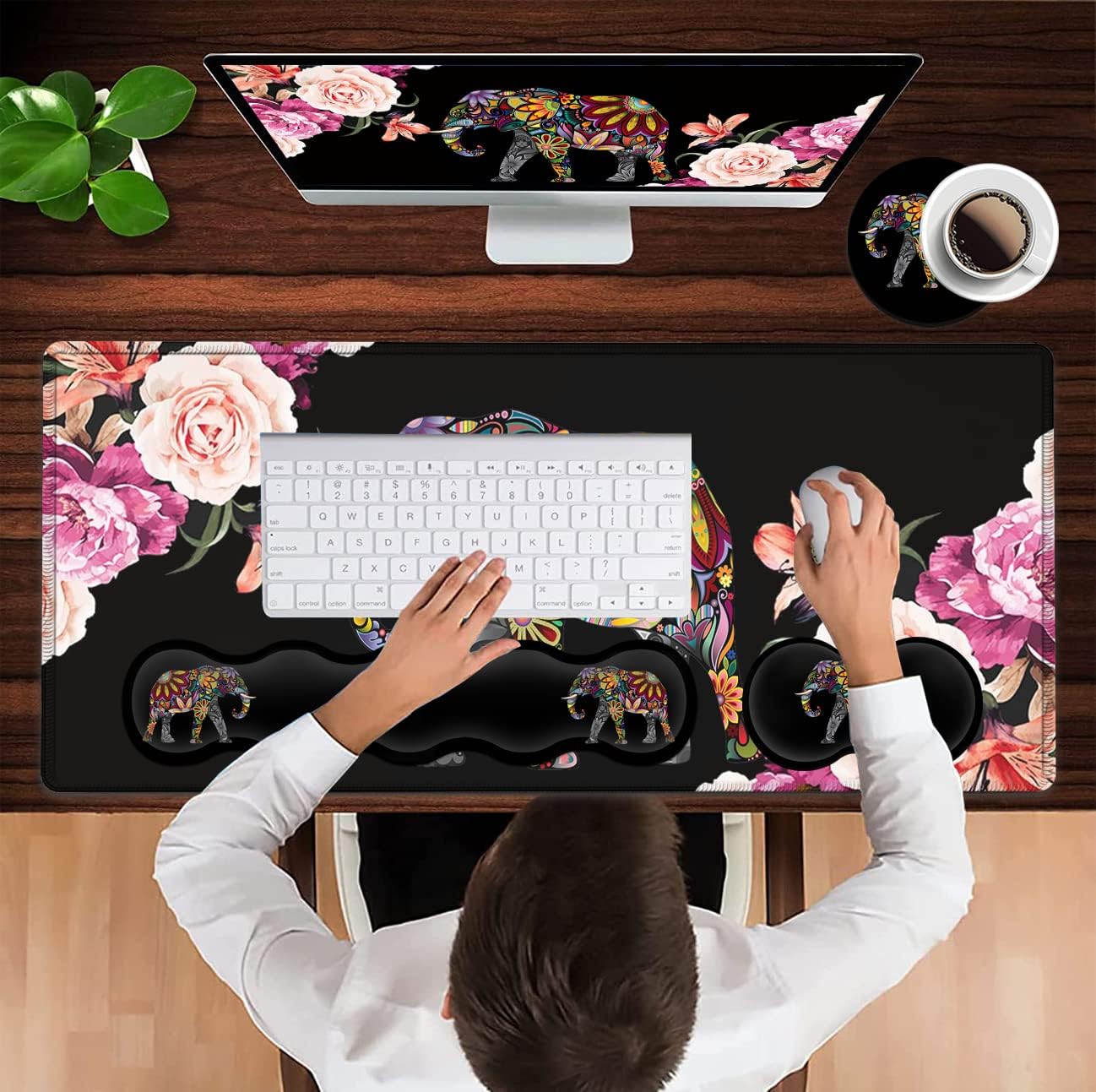 Gaming Mouse Pad XXL Large Desk Mat Non-Slip Rubber Mice, Stitched Edges(31.5x11.8 in) Ergonomic Memory Foam Keyboard Wrist Rest, Cute Funy Anime Cartoo Colorful Elephant Black Extended Mouse Pad Set