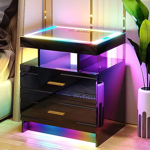 Miniatura 14 de HNEBC Mesita de noche LED, mesita de noche negra con estación de carga, USB + tipo C + carga inalámbrica, mesita de noche inteligente con sensor