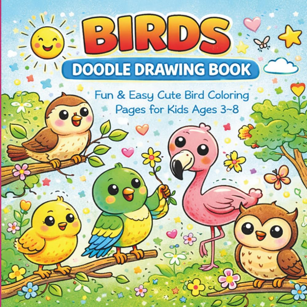 Birds Doodle Drawing Book for Kids Ages 3–8: Fun & Easy Bird Coloring Pages with Cute Parrots, Owls, Chickens & Nature Doodles for Boys and Girls