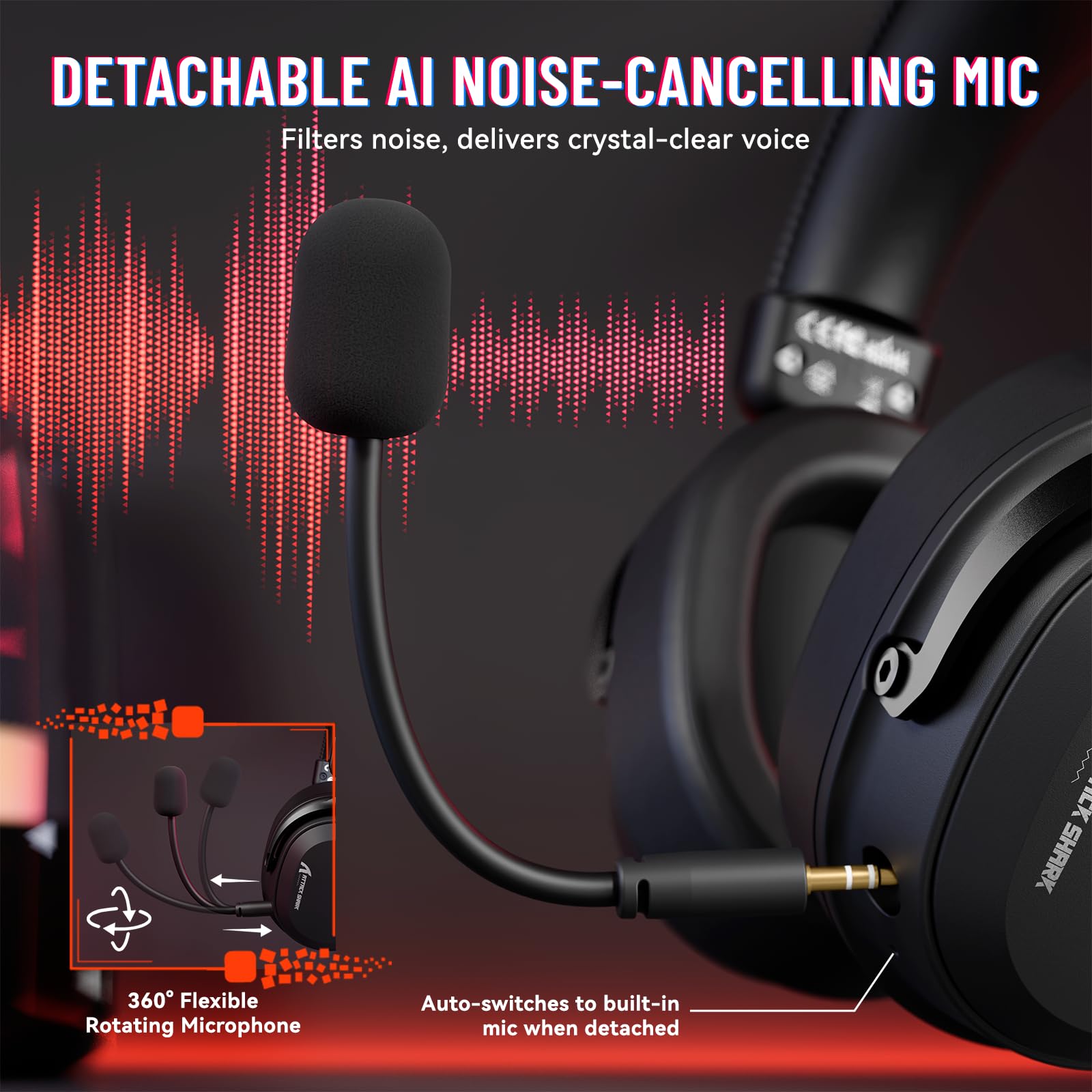 ATTACK SHARK L30PRO Casque Gamer sans Fil, Surround 7.1, Pilotes 50mm, Tri-Mode 2.4G/BT 5.3/Filaire, Micro Amovible ENC pour PC/PS5/Xbox/Switch, Batterie 85H - Noir Rouge