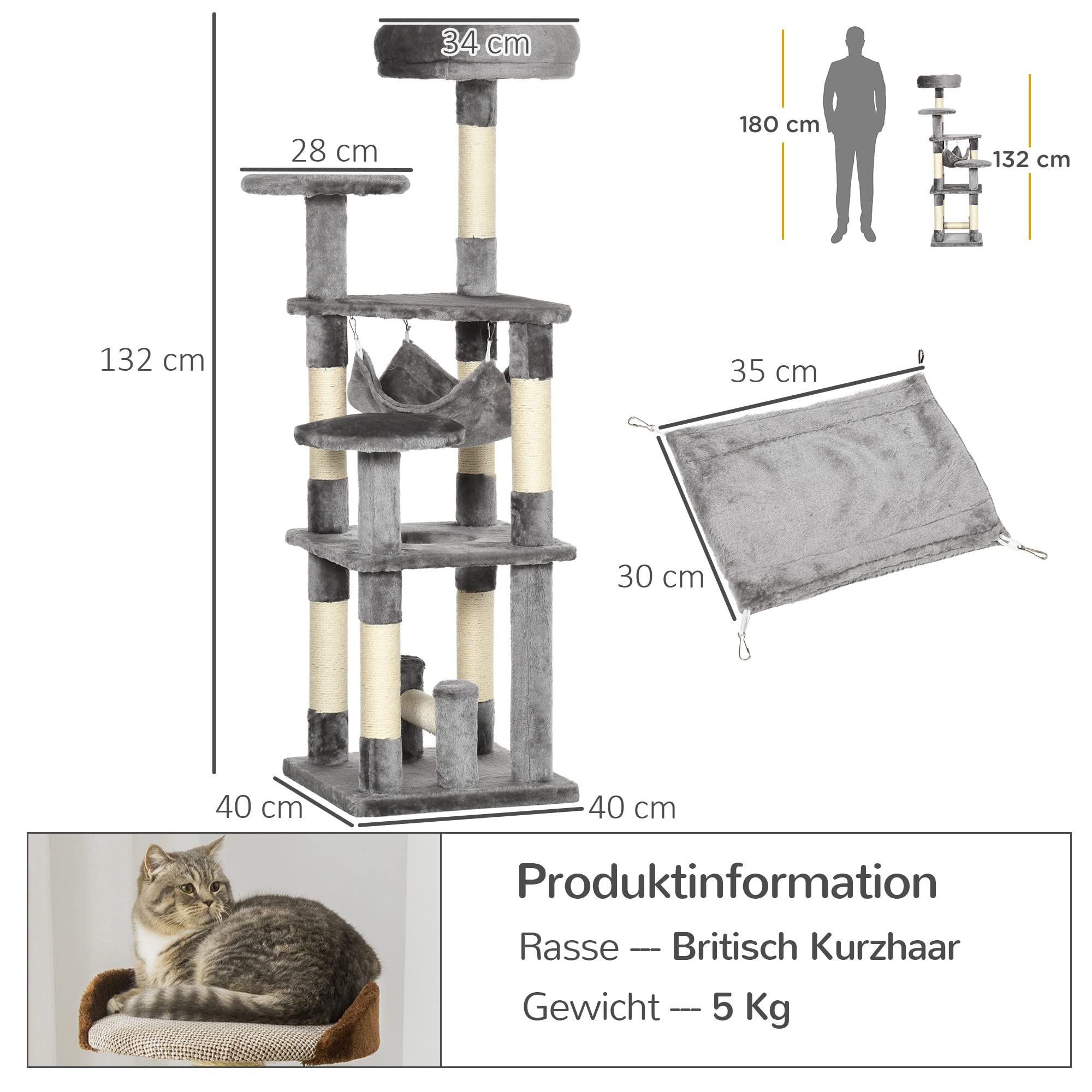 PawHut Katzenbaum Katzenkratzbaum Hängematte Grau L40 x B40 x H132 cm