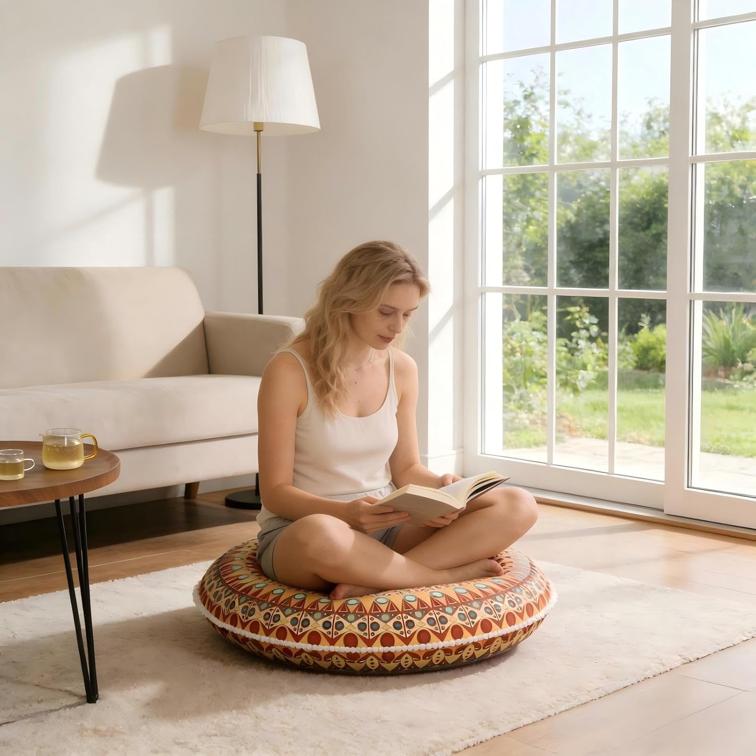 LOVMOC 32 Inch Round Floor Pillow for Adults, Large Thick Memory Foam Boho Mandala Meditation Floor Seating Cushion, Machine Washable for Living Room Outdoor Yoga Floor Sitting, Orange