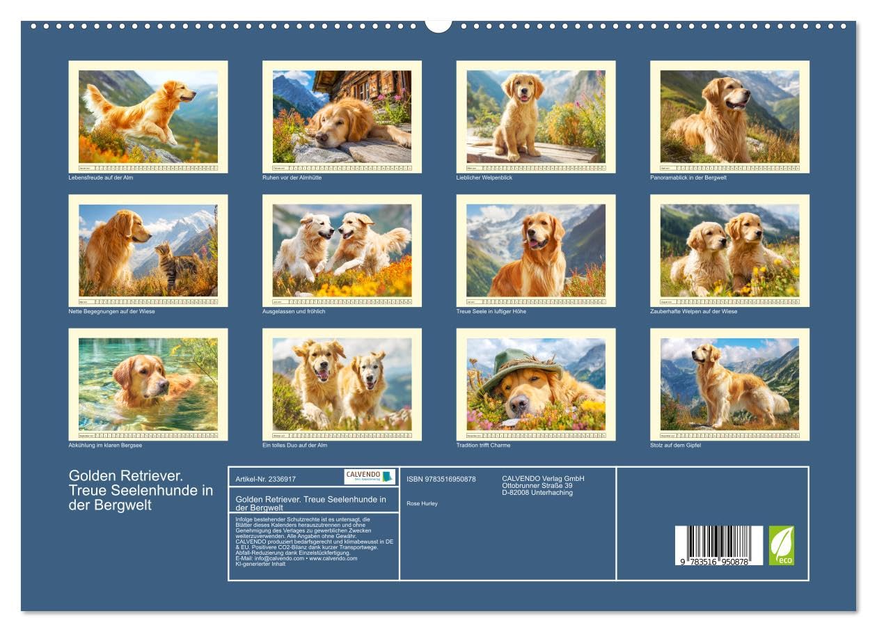 CALVENDO - Golden Retriever. Treue Seelenhunde in der Bergwelt (hochwertiger Premium Wandkalender 2027 DIN A2 quer), Kunstdruck in Hochglanz: Inmitten der majestätischen Alpenkulisse zeigen diese toll