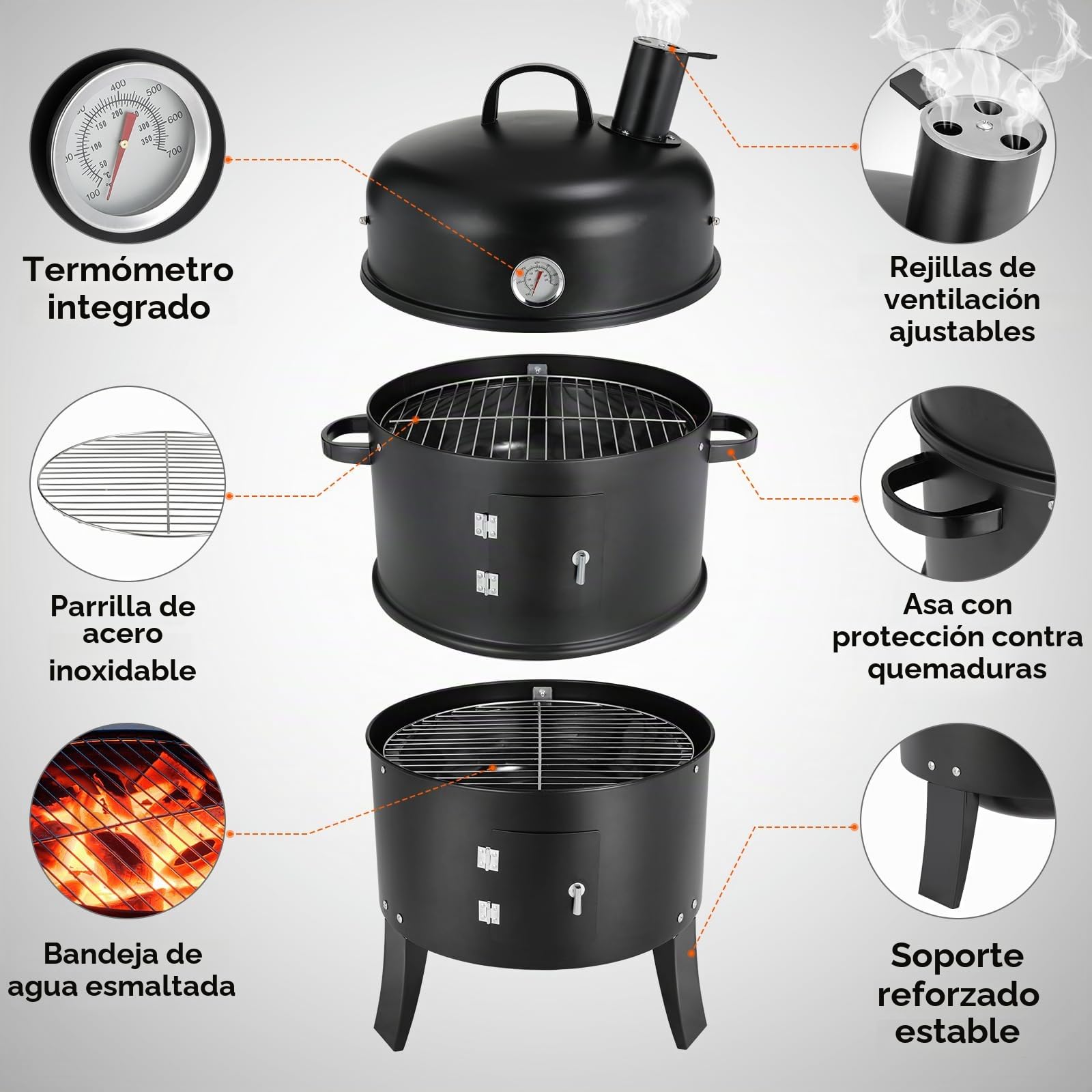 TLGREEN Horno Ahumador, Ahumador 3 en 1, Ahumador con Chimenea, Barbacoa de Carbón, con Termómetro, 2 Rejillas de Acero Inoxidable (φ 37,5 cm), Barbacoa Ahumadora para Ahumar, Asar y Cocinar