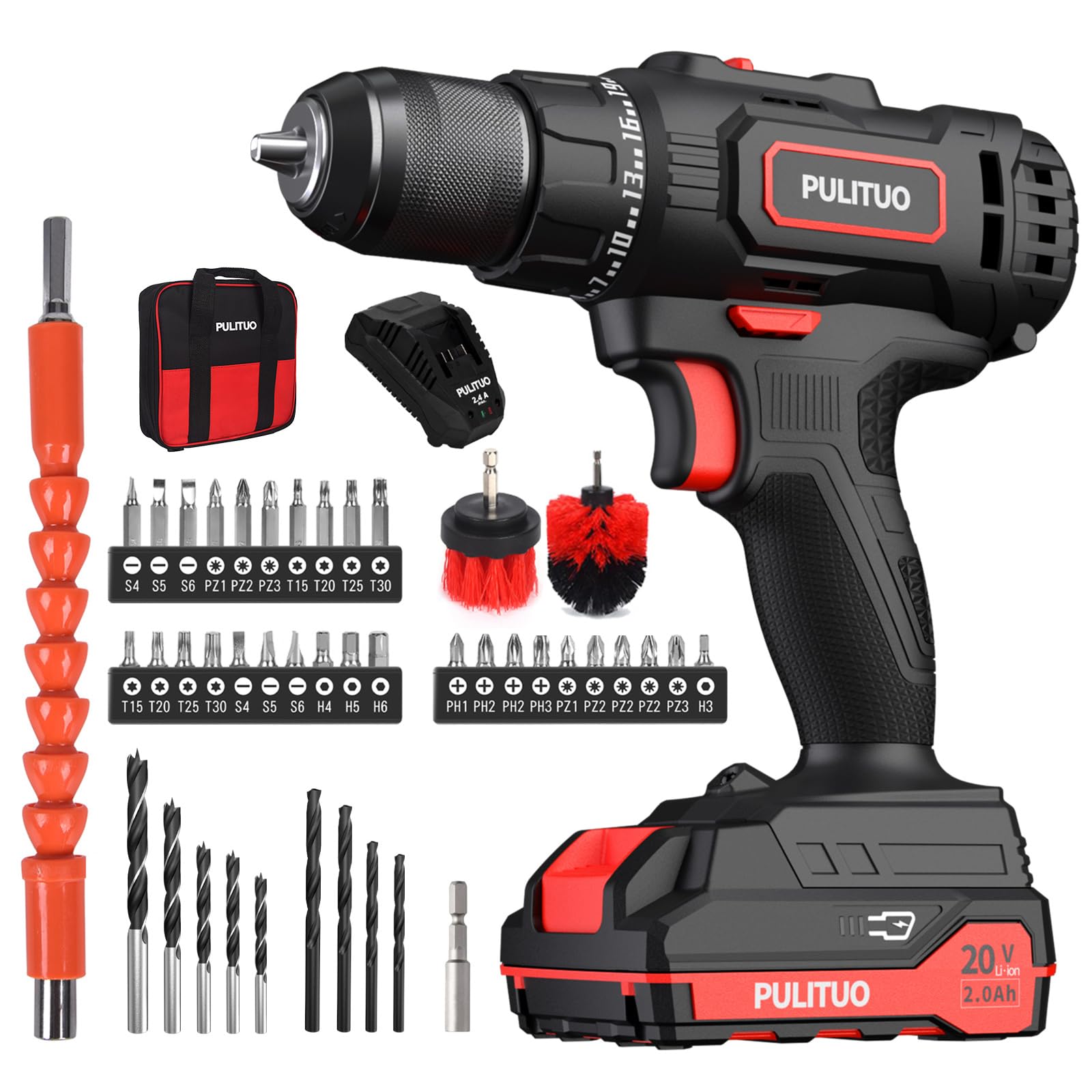 PULITUO 20V Cordless Drill/Driver Kit Batteries, 30Nm Torque