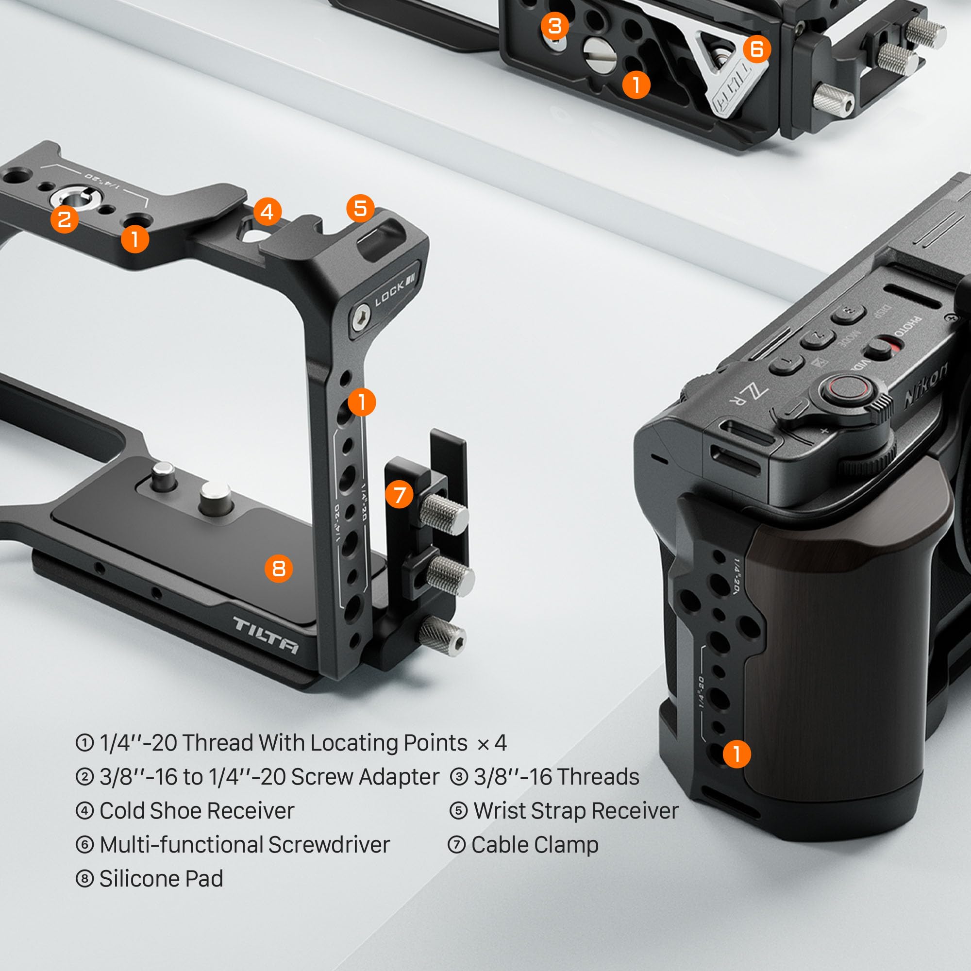 Tilta ZR Cage, gabbia completa per fotocamera compatibile con Nikon ZR con filettature da 3/8“-16, 1/4”-20, micro HDMI e morsetto per cavo USB-C - Nero TA-T98-FCC-B