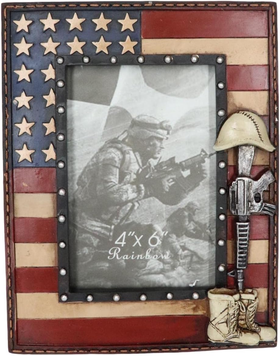 Ebros Rustic Patriotic Fallen Soldier Helmet Rifle And Boots United States of America Star Spangled Banner American Flag 4"X6" Picture Photo Frame Desktop Or Wall Hanging USA Themed Decorative Accent